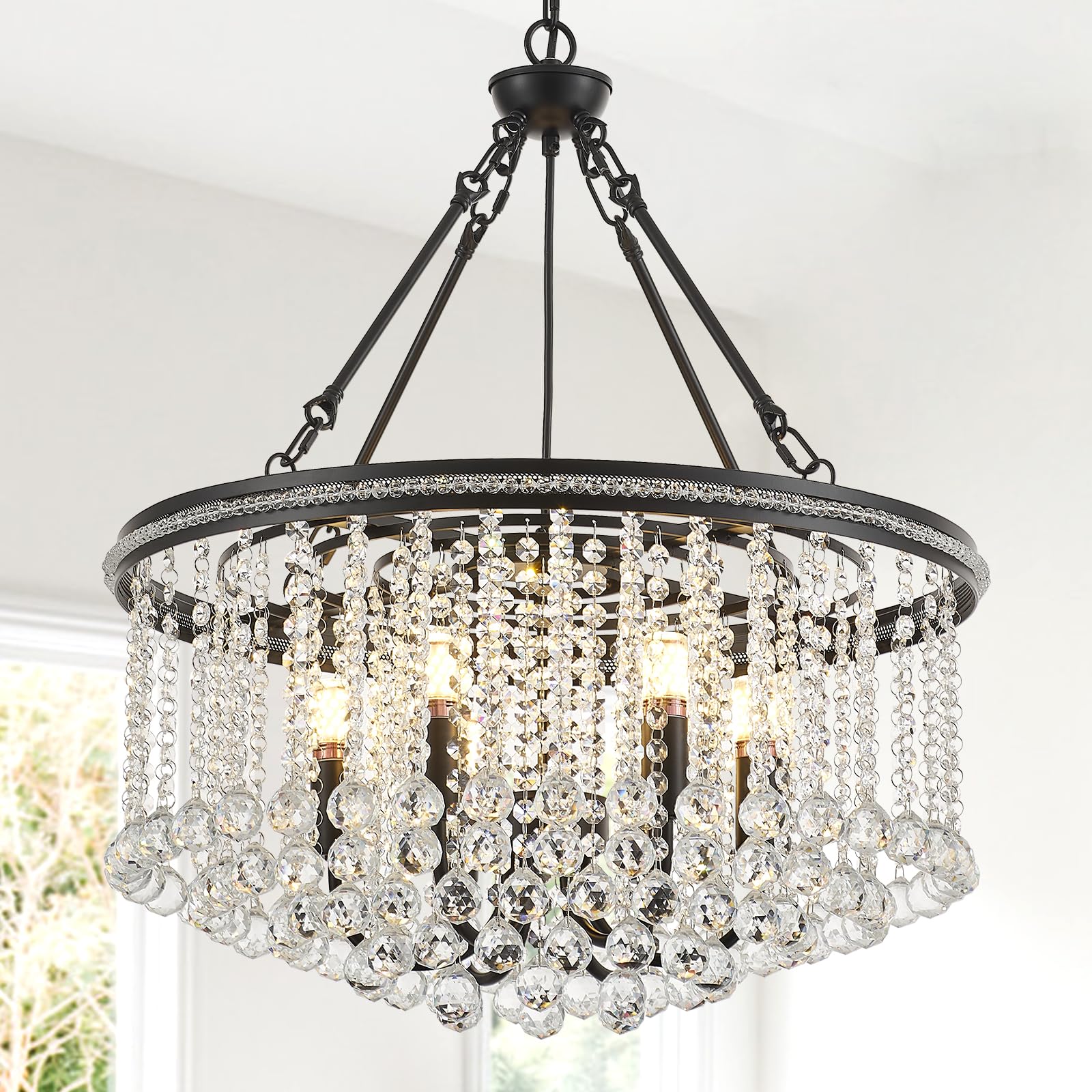 6-Light Black Crystal Chandelier Modern 21.6 Contemporary Round Pendant Chandeliers Crystal Ball stylish Ceiling Hanging Lighting For Living Dining Room Kitchen Island Bedroom Entryway Foyer