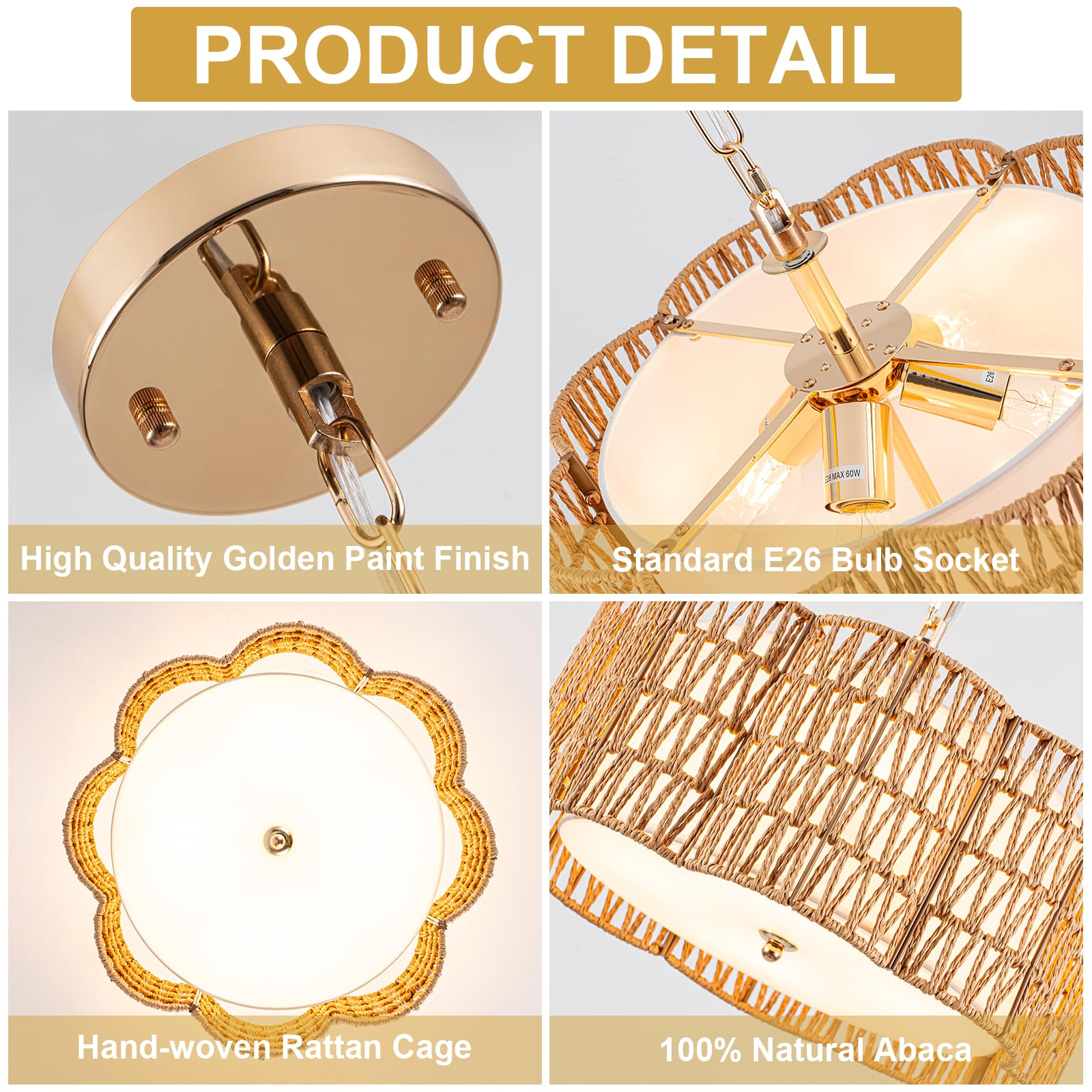 Plum Blossom Ceiling Light & Rattan Chandelier With Fabric Shade(16.5'' 4Light) | Vul-Listed Flush Mount & Fire-Safe Pc Panels F