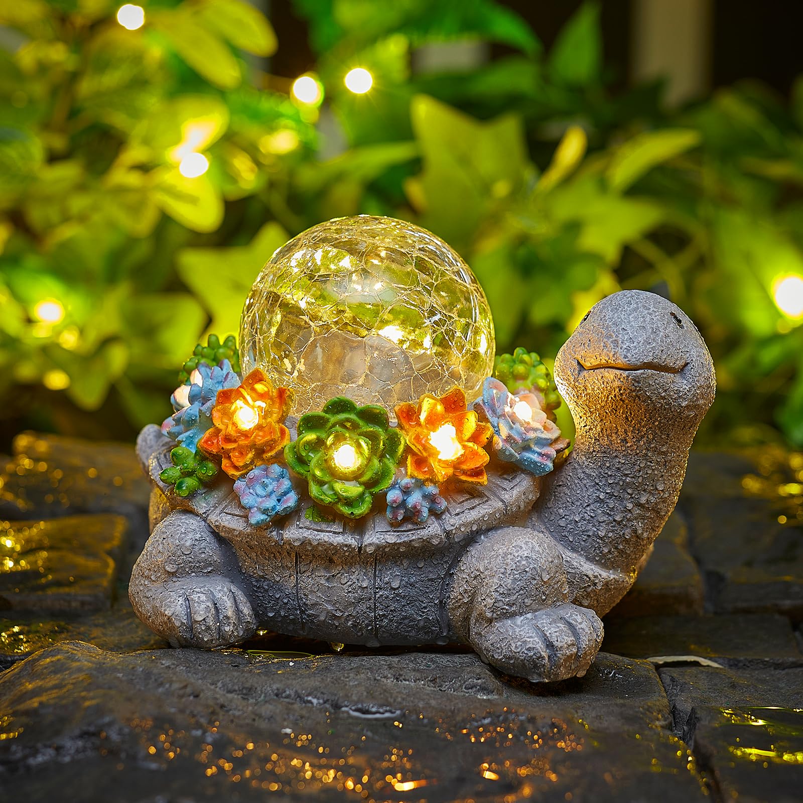 Brightown-Solar-Turtle-Garden-Decor-Statue with 5 Succulent LED Lights  Hand-Discomfortted Resin  IP65 Waterproof Outdoor Decor for Patio  Balcony & Yard Decorations  Unique Mothers Day Gifts for Mom