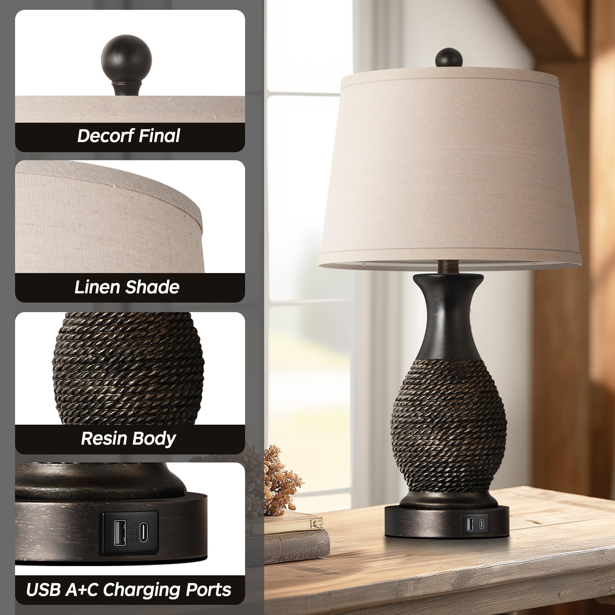 PARTPHONER Table Lamps Set of 2, Touch Control, USB Charging, Black 22.6" with Gold Accents, Linen Fabric Shade, LED Bulbs Included
