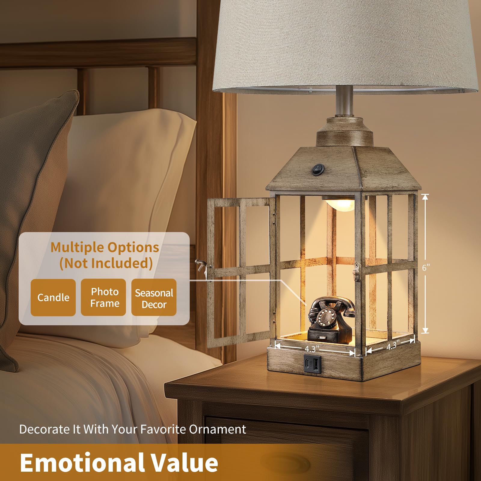 Lovlast Farmhouse Table Lamps Set of 2 with USB Port & Nightlight, 25" Rustic Wood, LED Bulbs Included, Model T4725