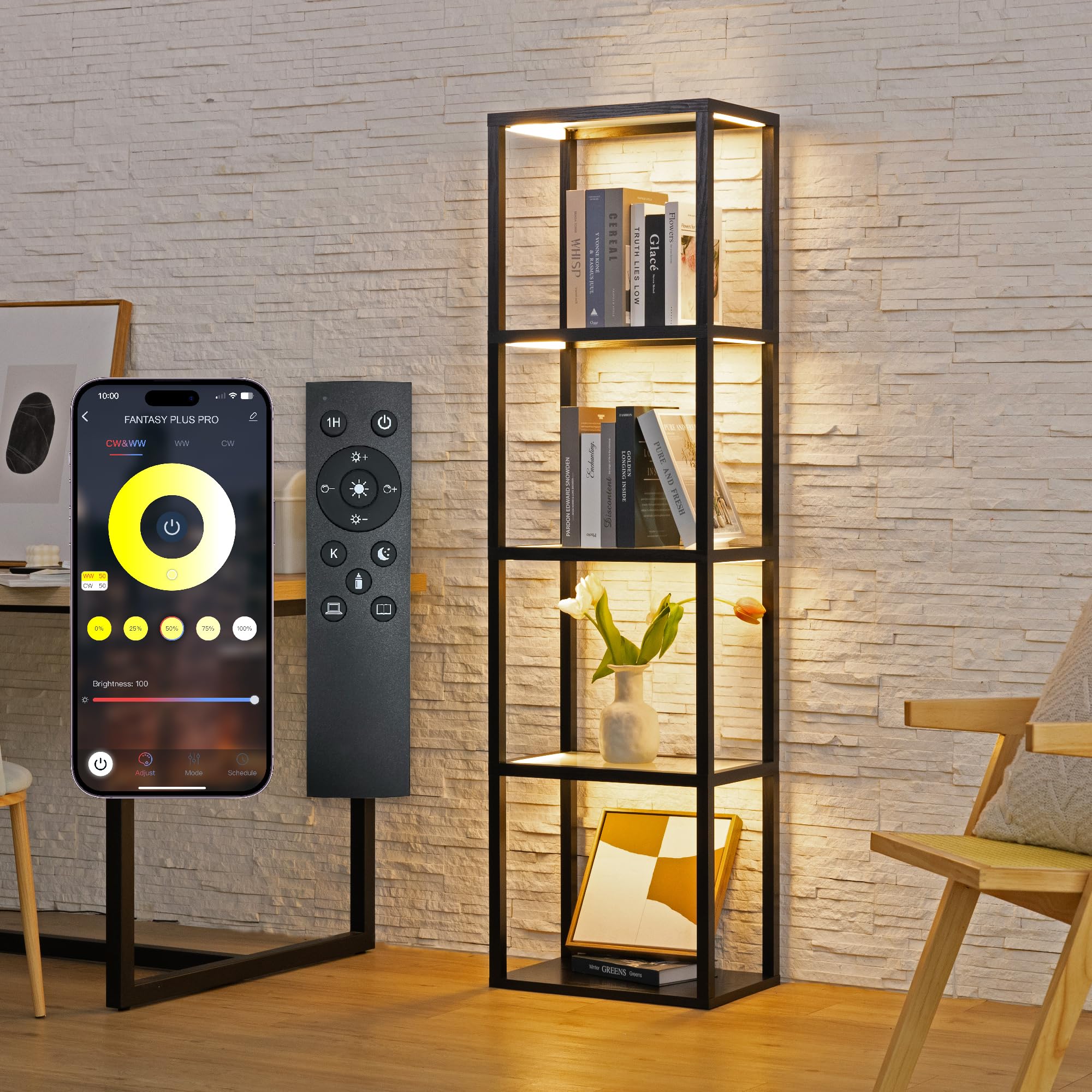 FENLO Fantasy Plus - Tall Display Shelf with Dimmable LED Floor Lamp, Sturdy Curio Cabinet with Glass Bookcase, Glass Display Sh