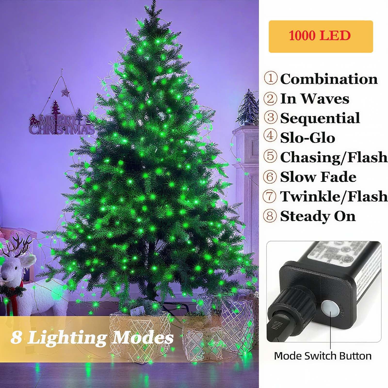 Tcamp 306FT 1000 LED Green Christmas Lights, 8 Modes with Timer, Green Wire Starry Fairy Light, Model QL300AE