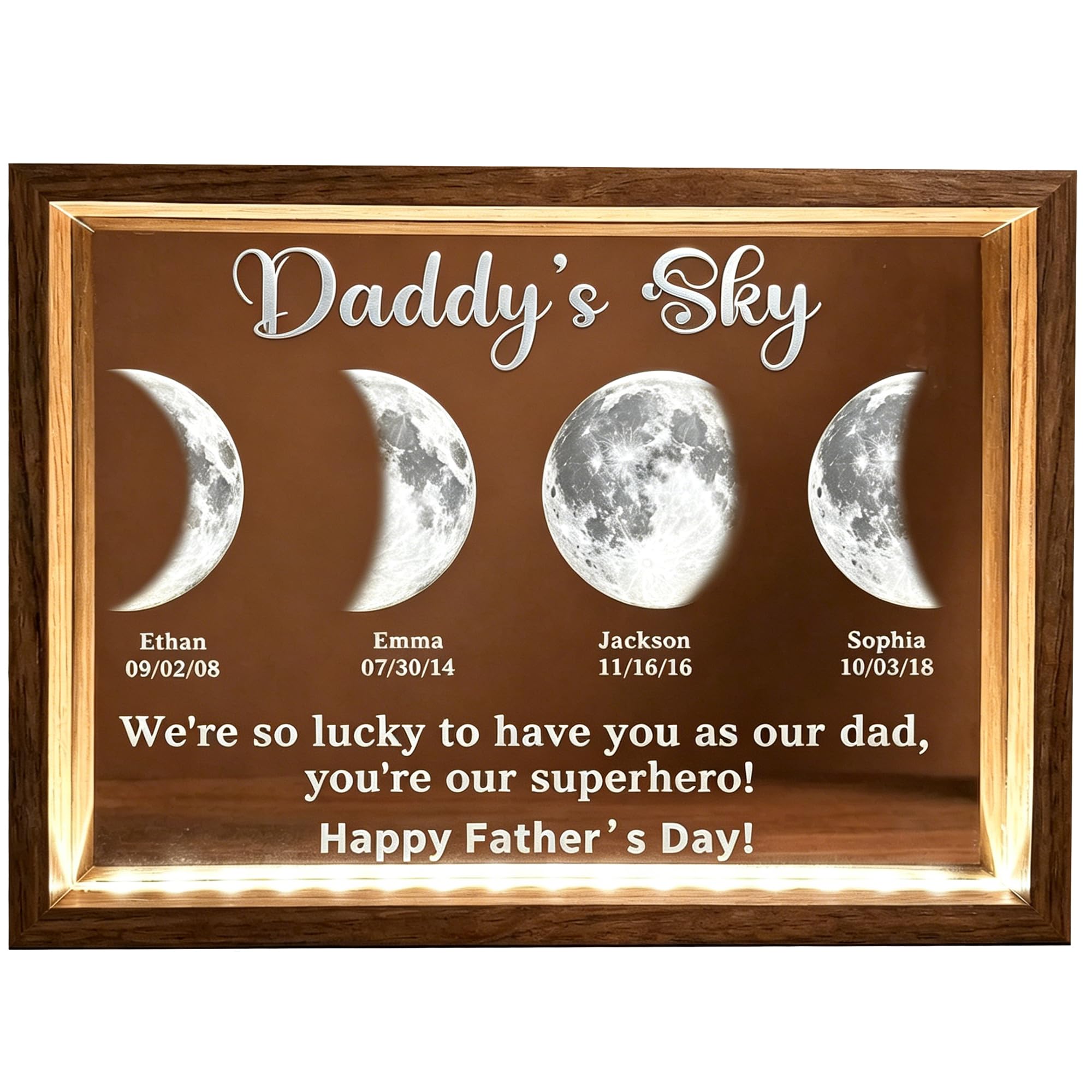 Personalized Dad Moon Phase Gift, Dads Sky LED Light Frame with Kids Names & Birthdate, Daddys Universe Light Up Picture Frame 