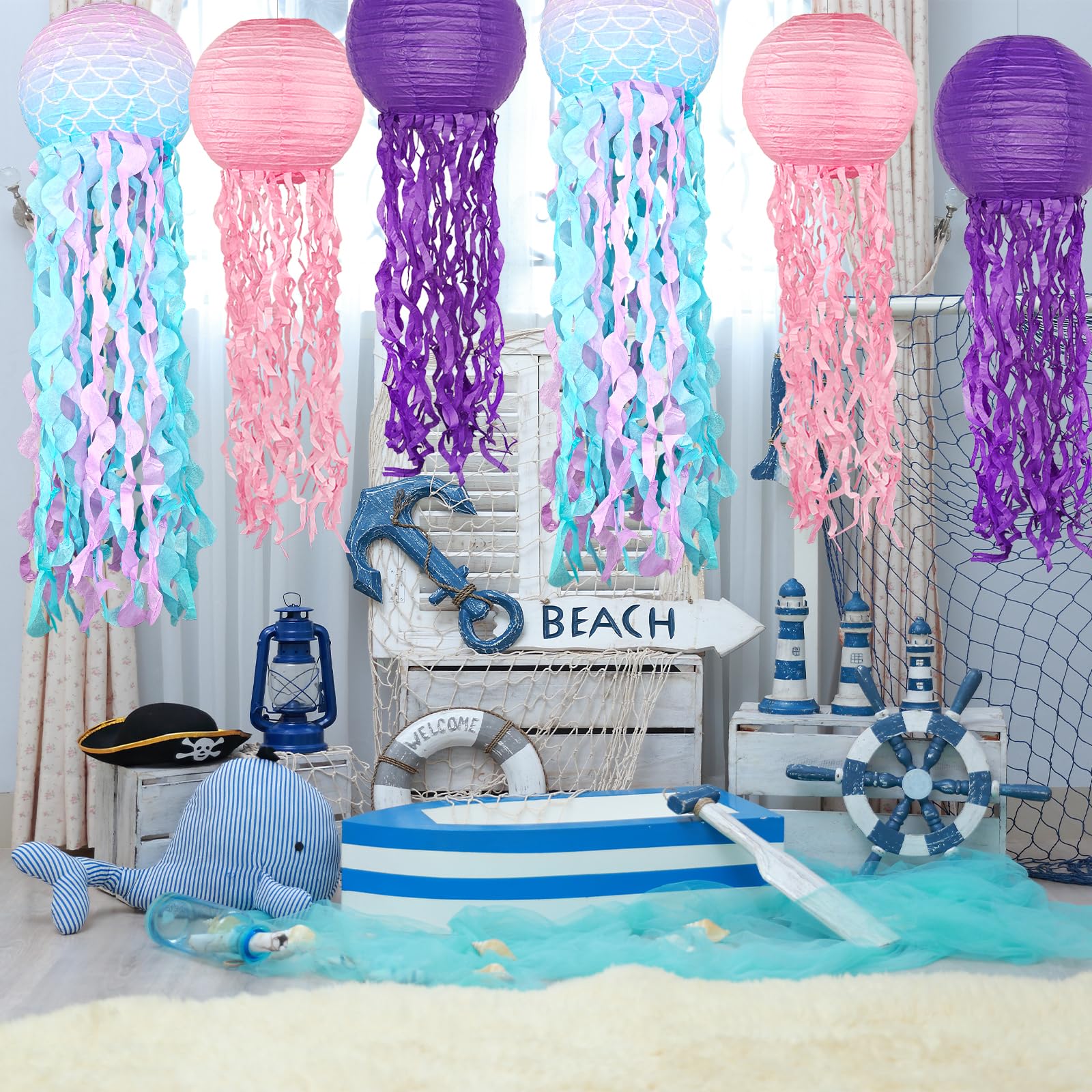 Hanging Jelly Fish Paper Lanterns Mermaid Theme Party Decorations, Pink Purple Blue Paper Lanterns For Ocean Theme Birthday Unde