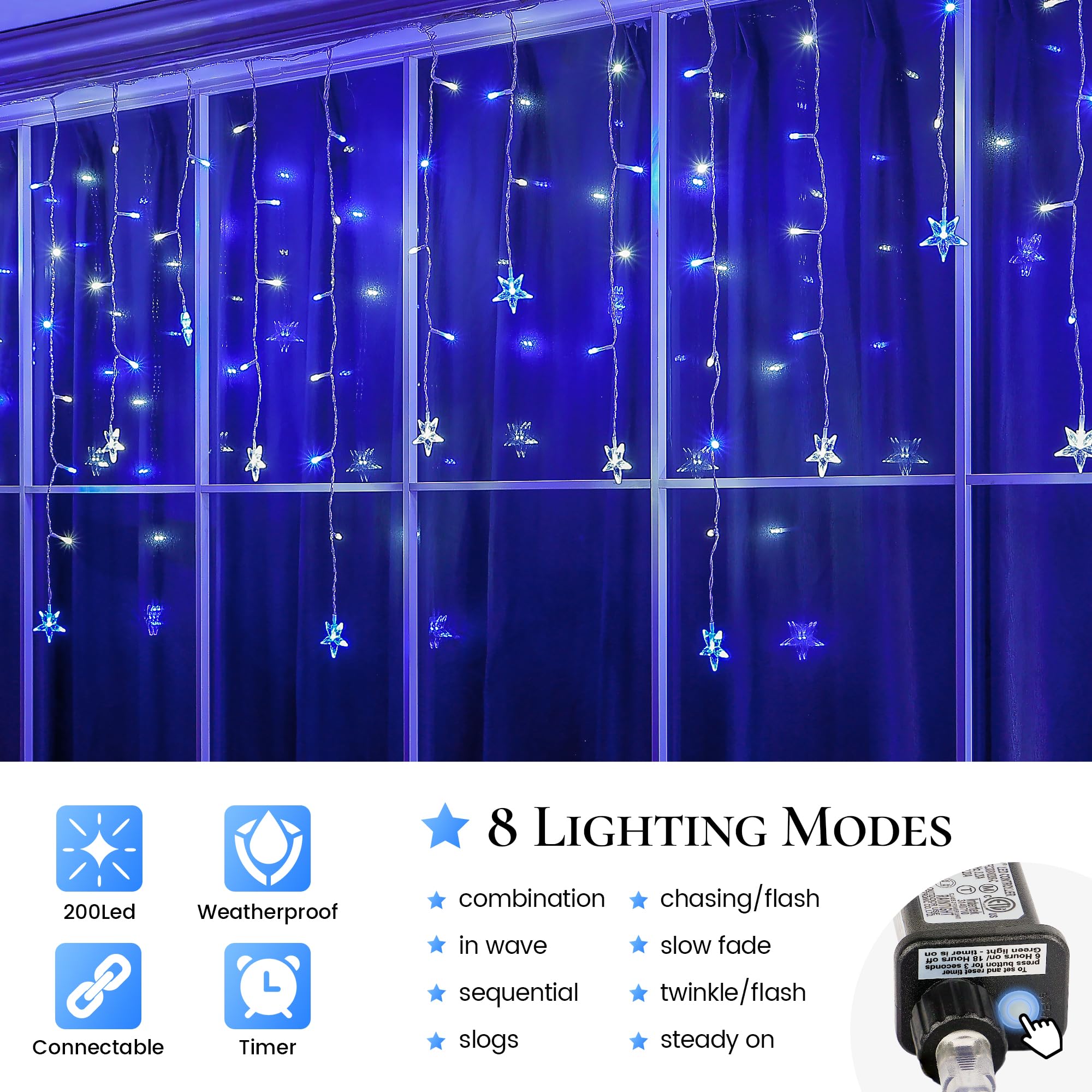 Oopswow Icicle Lights Outdoor 200 LED Curtain Fairy Lights, 16.5FT, Blue & White, 8 Modes with Timer, Perfect for Weddings & Christmas Decor