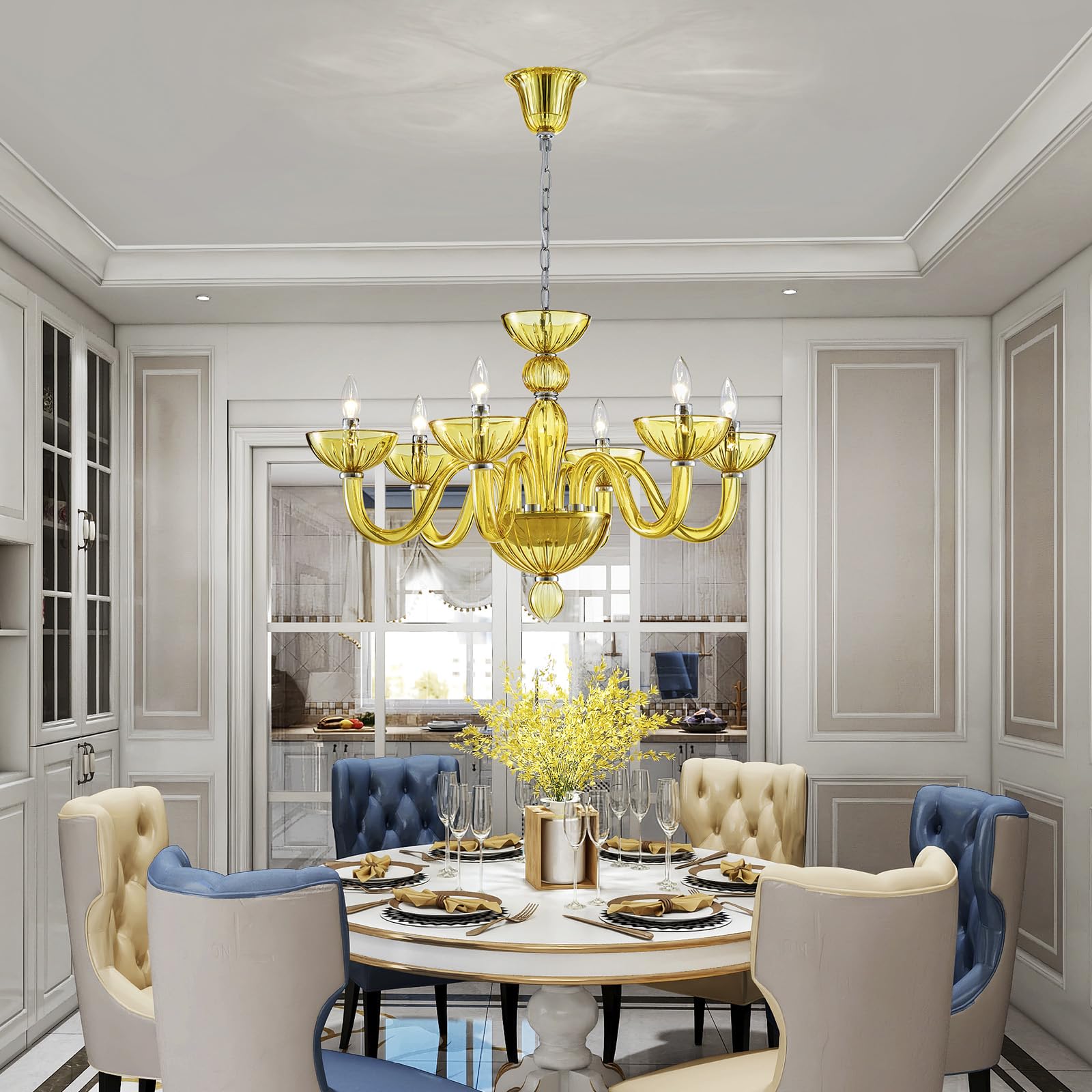 SM Saint Mossi 6-Light Crystal Chandelier, Yellowish Green, E12 Socket, D30xW30xH20, Modern Dining Room Light Fixture
