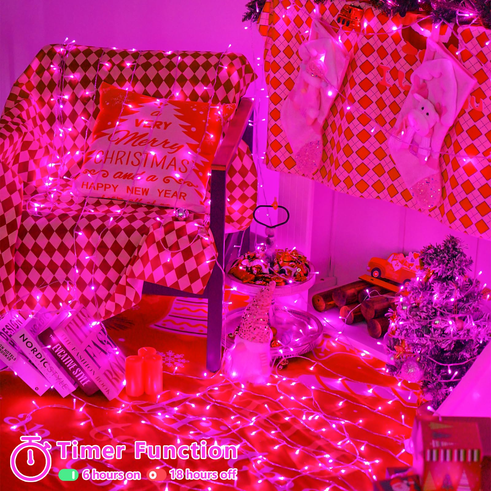 Yeguo Pink Christmas Lights Outdoor Waterproof  165Ft 500 Led String Lights Indoor  8 Modes Clear Wire Fairy Light Plug In For Party Tree Valentines Wedding