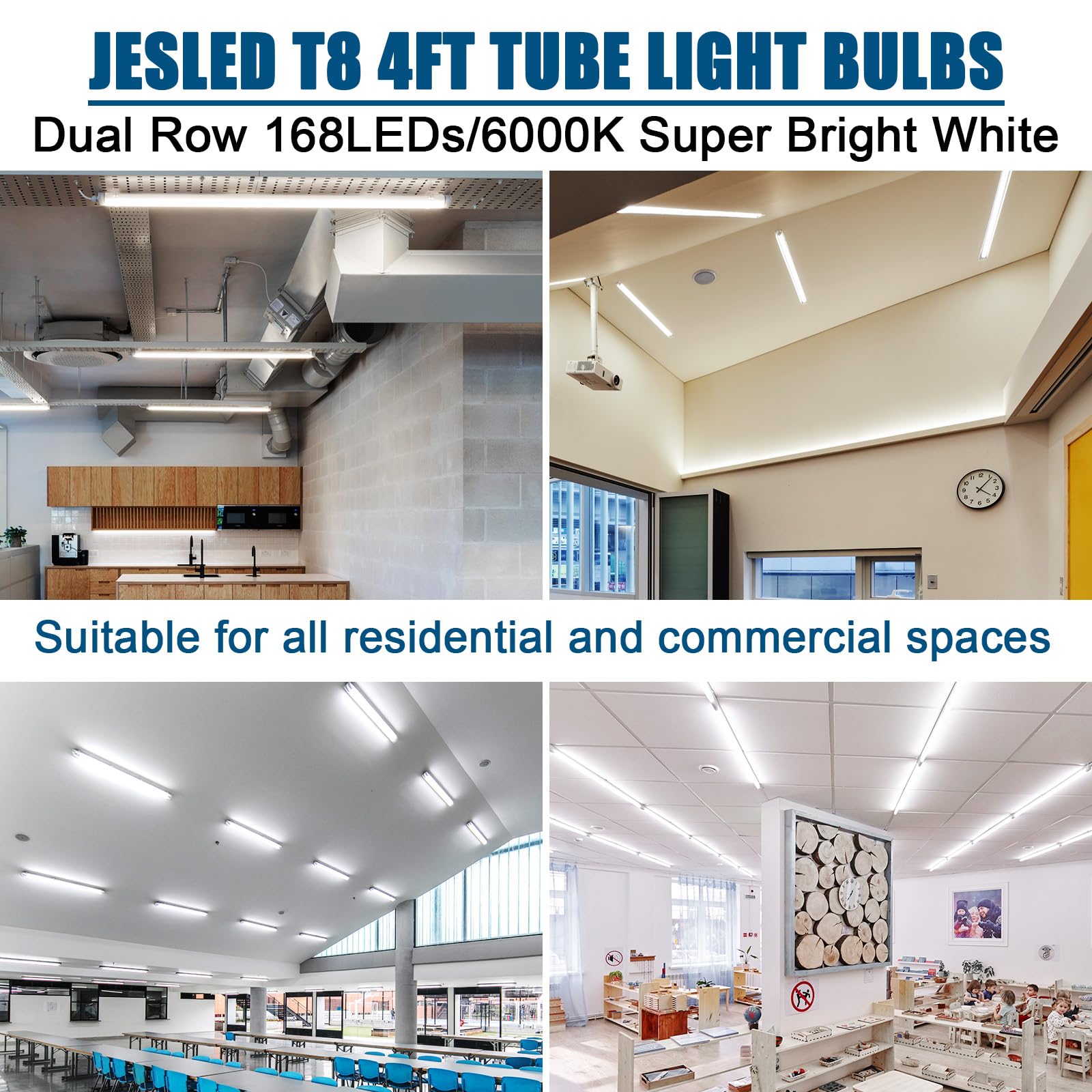 JESLED 4FT LED T8 Tube Lights, 24W (65W Equivalent), 3200LM, 6000K, Frosted, 4-Pack, Model YKLN