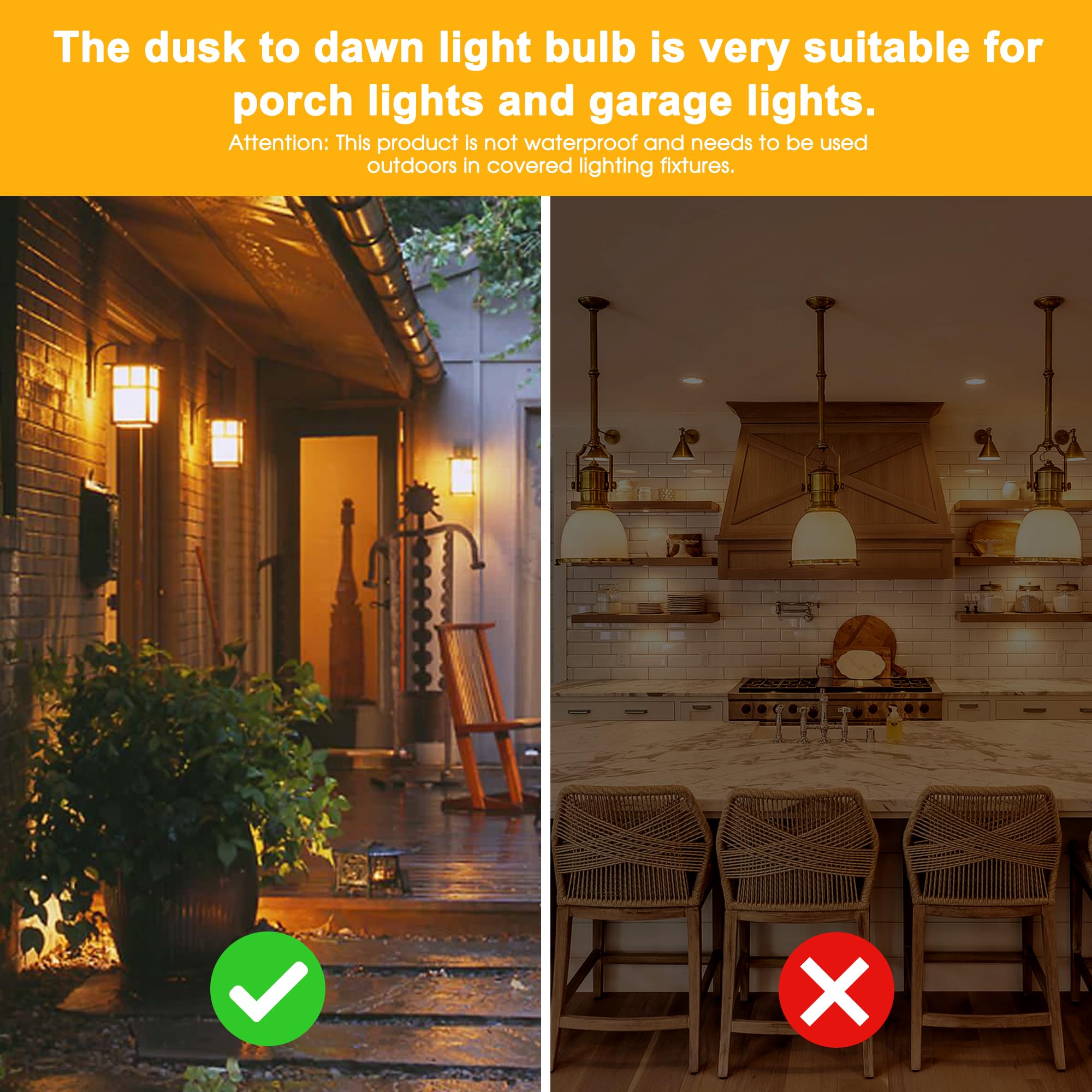 Dusk To Dawn Led Yellow Bug Light Bulb, 6W(40W Equivalent) Yellow Bug Light Bulbs For Porch Lights Outdoor, Auto On/Off A19 Led