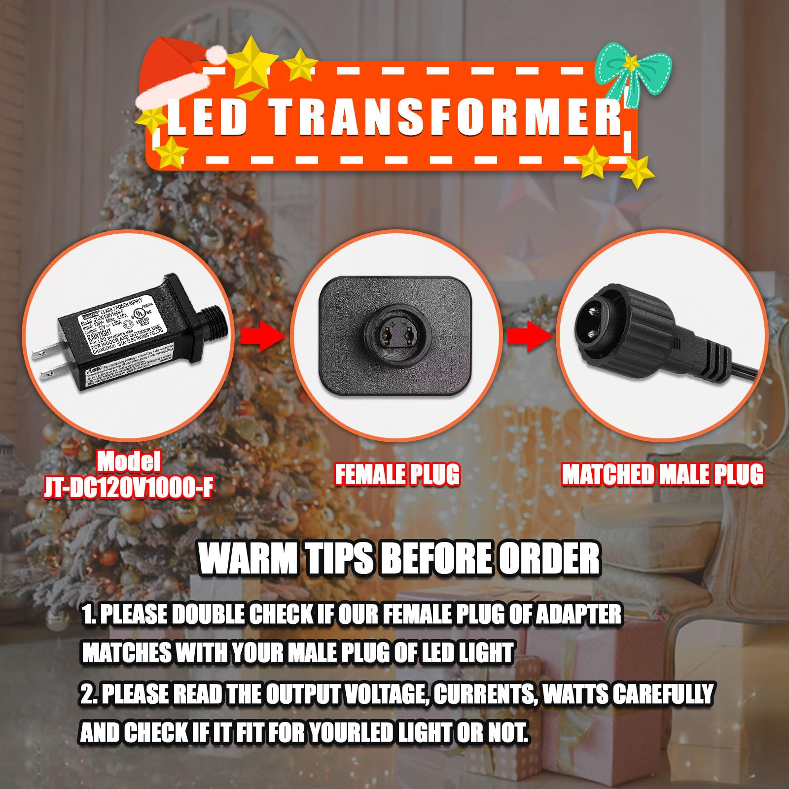 Airoads 12V 1A LED Controller - JT-DC120V1000-F Power Supply for Christmas Lights, Low Voltage Transformer, IP44 Rated