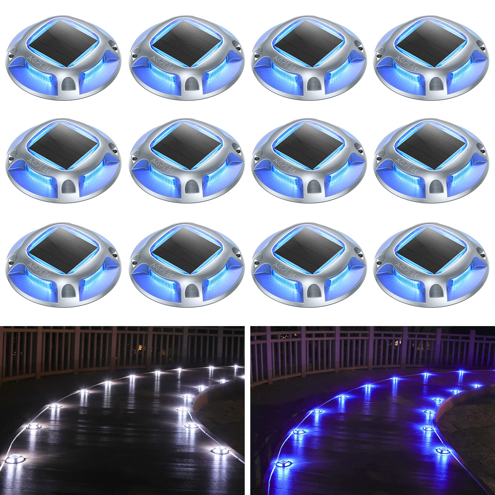 AGPTEK Solar Driveway Lights Outdoor, 12 Pack, Waterproof Aluminum, Blue Light & Cool White, Model SLD-MX