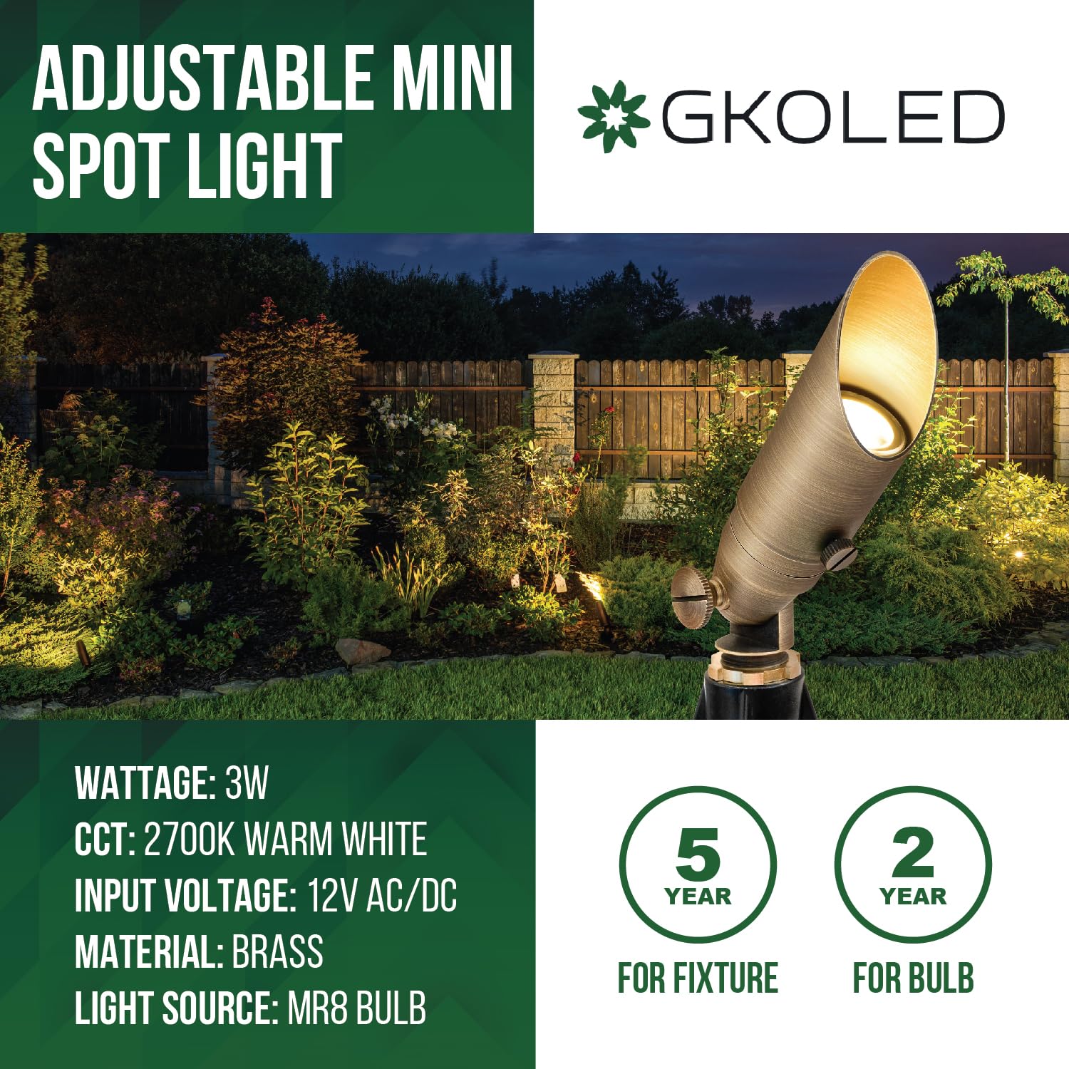 Gkoled Low Voltage Solid Brass Led Spotlight With Mr8 Bulb  Outdoor Waterproof Landscape Lighting  Adjustable Uplights With Stake For House Garden Trees Lawn Patio Yard Fence  3W 12V 180Lm 2700K