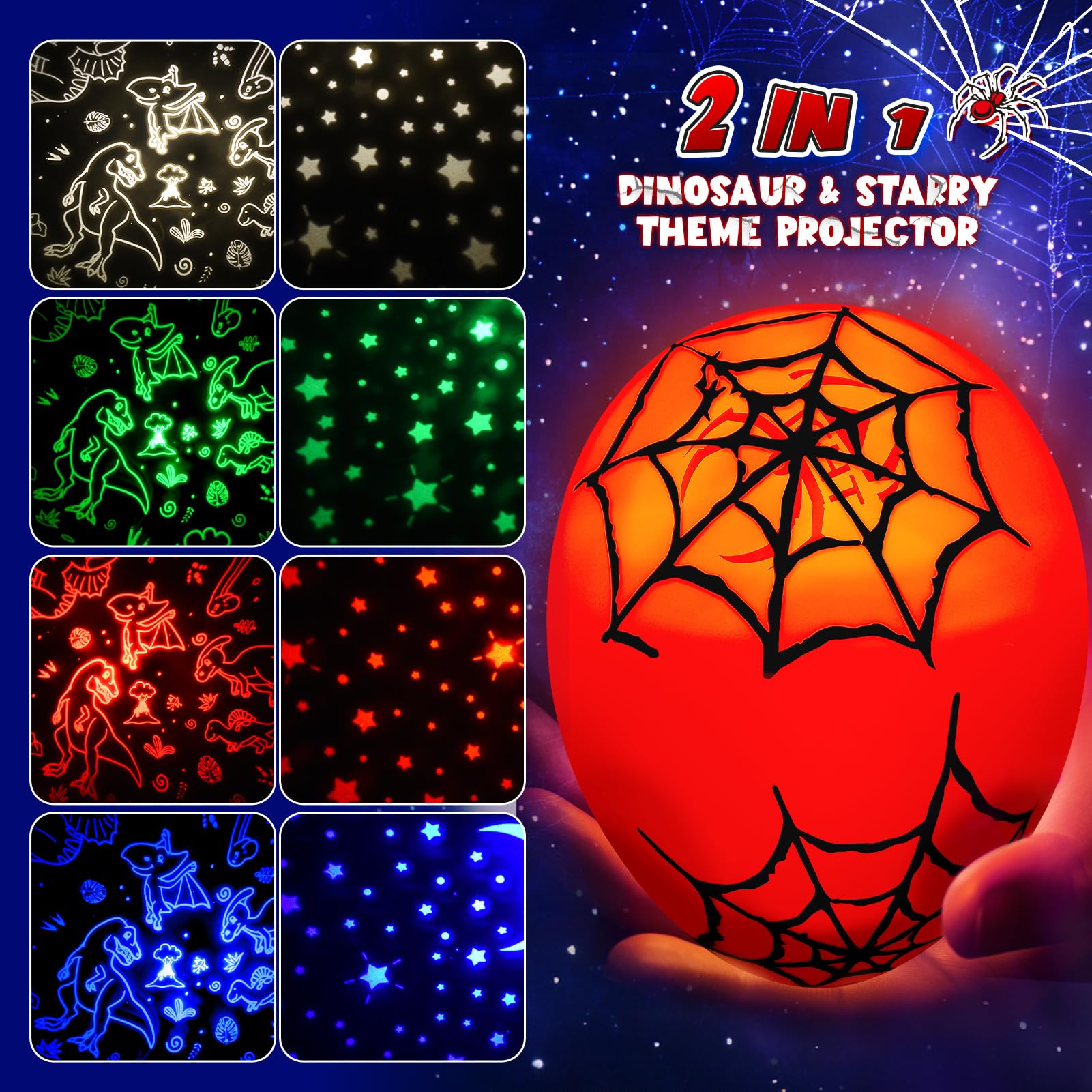 Spider Egg Night Light Projector For Kids: Night Lights Toys For 3-5 6 7 8 9 10 11 12 Year Old Boys, 2-In-1 Dinosaur & Star Proj