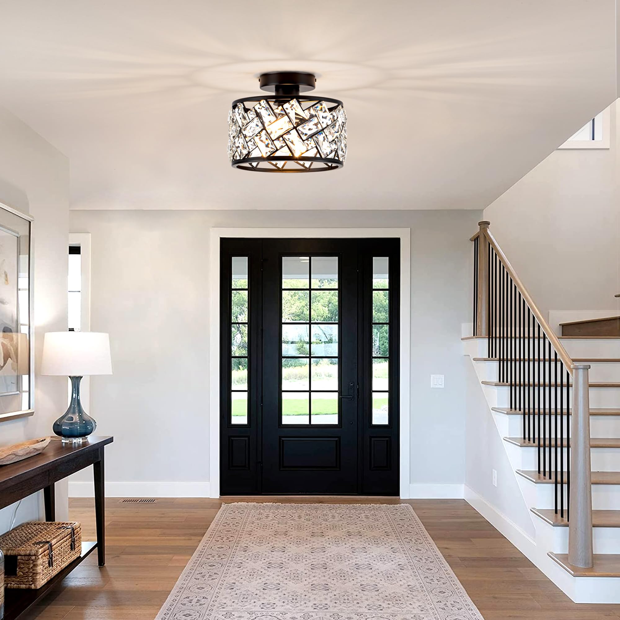 Rpzloila Crystal Ceiling Light Fixture, Modern Semi Flush Mount, Metal, Black Finish, Model 8101-1X-BK