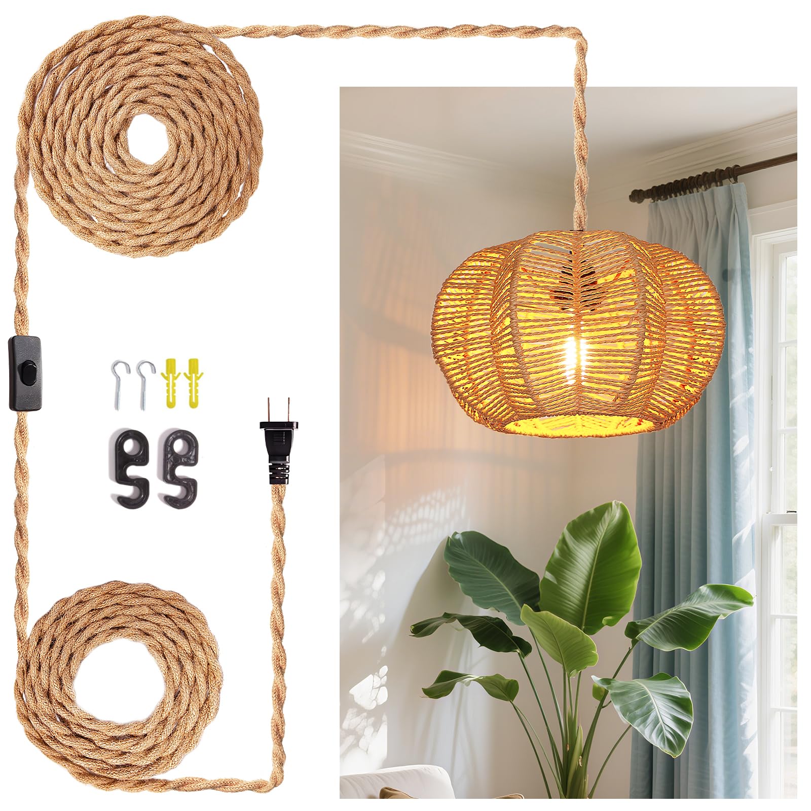 LUCORUSC Hanging Light Fixture with Plug in Cord with on Off Switch  Rattan Pendant Lights Boho Lamp Ceiling Light  Plug in Pendant Light Hanging Lamp Shades for Living Room Decor Bedroom Kitchen