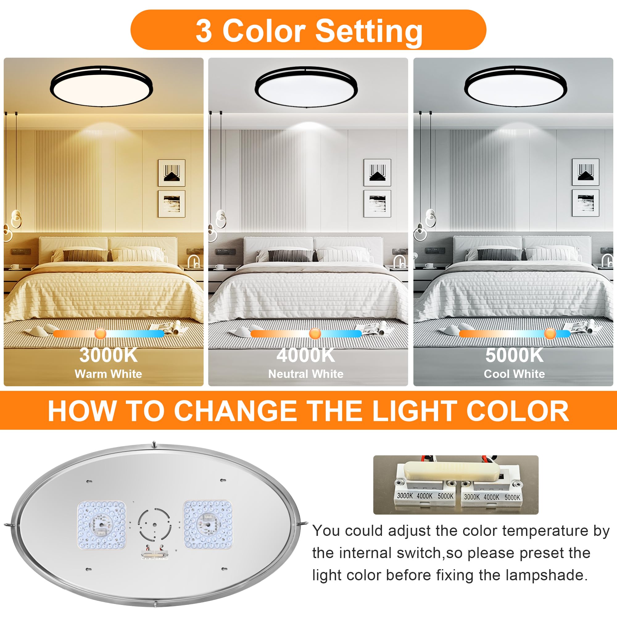 Faymart Lighting 33 Inch Black LED Flush Mount Ceiling Light 3000K/4000K/5000K Alloy Steel for Living Room, Kitchen, Bathroom