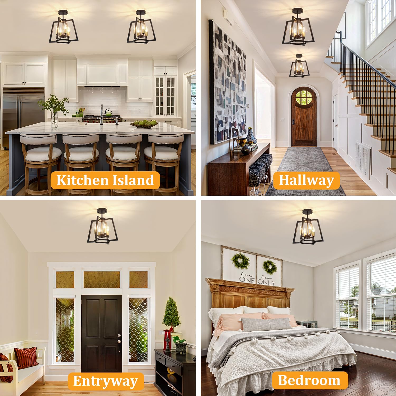 Toulmj 4-Light Ceiling Light Fixture, Farmhouse Semi-Flush Mount Ceiling Lighting, Black Gold Kitchen Light Fixture For Foyer, H