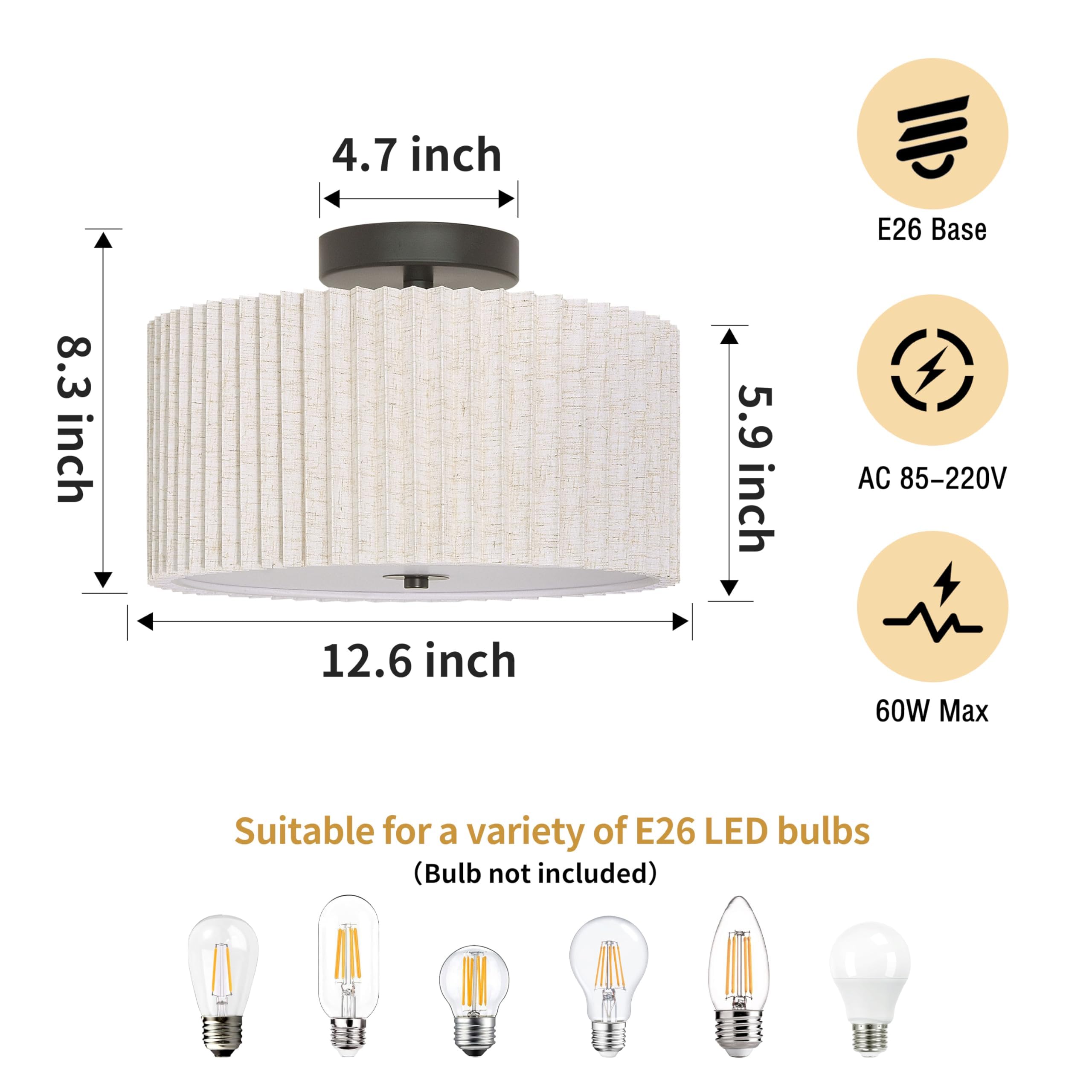 2 Light Semi Flush Mount Ceiling Light Fixture 12.6 Inch Modern Black Drum Ceiling Light Fixture With Pleated Fabric Shade Dimma