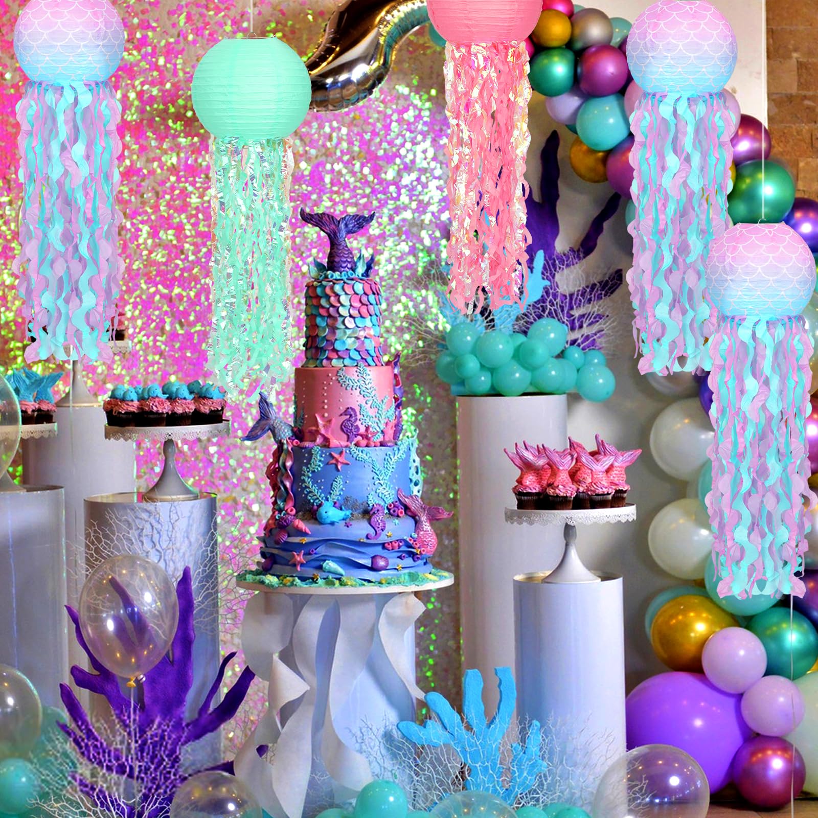 Mermaid Birthday Decorations 6Pcs Jellyfish Paper Lanterns Gradient Colorful Jelly Fish Paper Lanterns Hanging Lantern For Merma