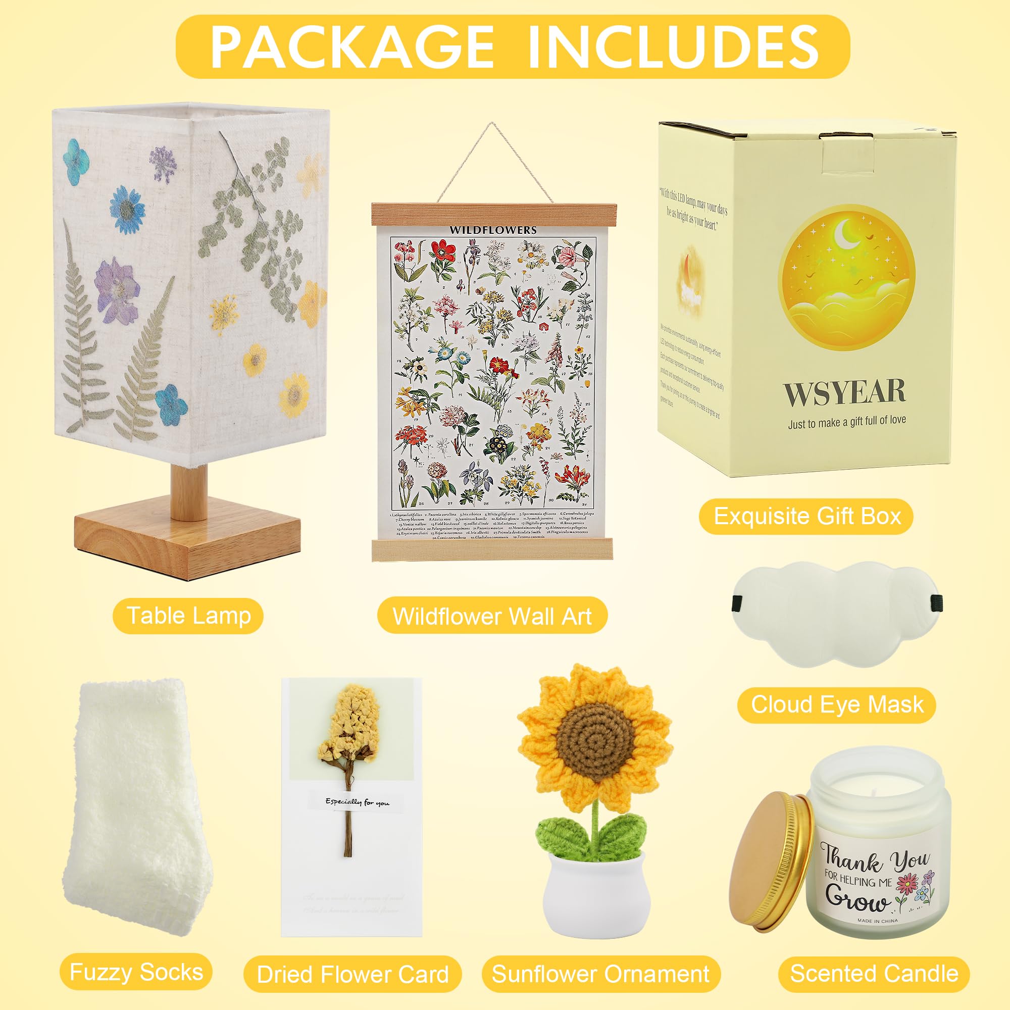 Wsyear Mother'S Day Gift Basket For Mom Women Her- Lamp Gift Set Cozy Towel, Scented Candle, Wildflower Decorative Lamp, Sunflow