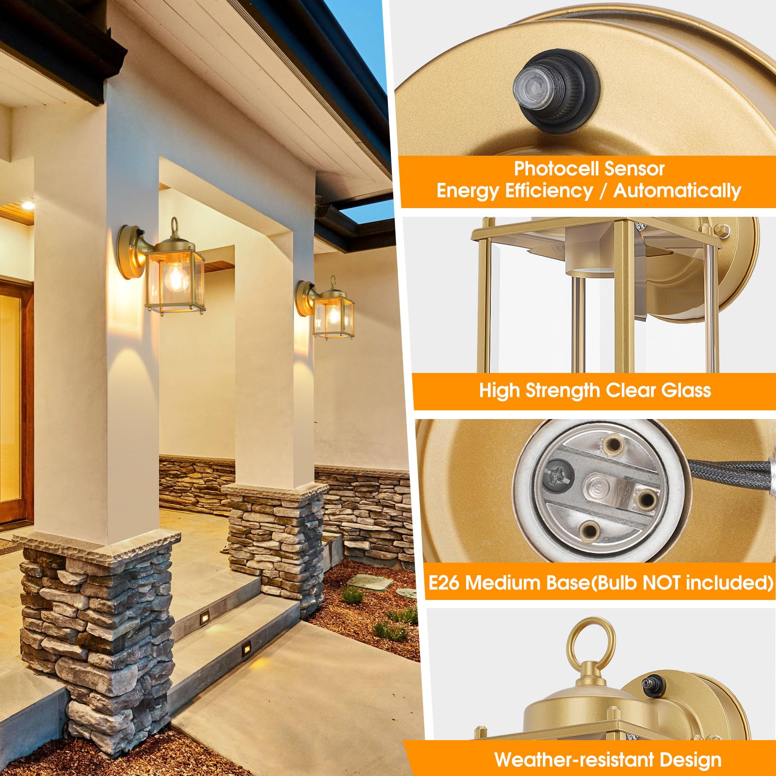 MATAMEYE Outdoor Wall Sconce - Dusk to Dawn Sensor, Waterproof Gold Lanterns, Beveled Glass, 2 Pack, Model GS8648-BK-FS