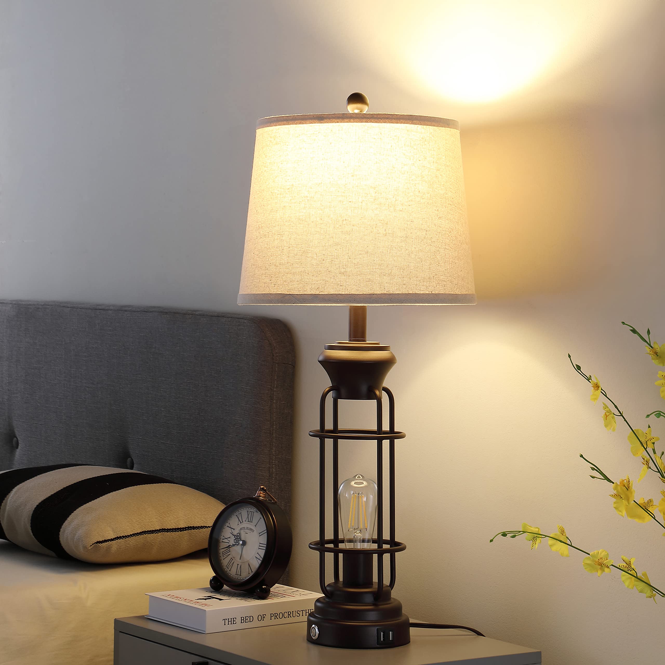 Table Lamp For Living Roon Set Of 2, 29.3" Tall Farmhouse Table Lamp With 2 Nightlight Bulbs, Oil Rubbed Bronze Bedside Lamp With White Oatmeal Lampshade For Living Room Bedroom, Bulbs Included