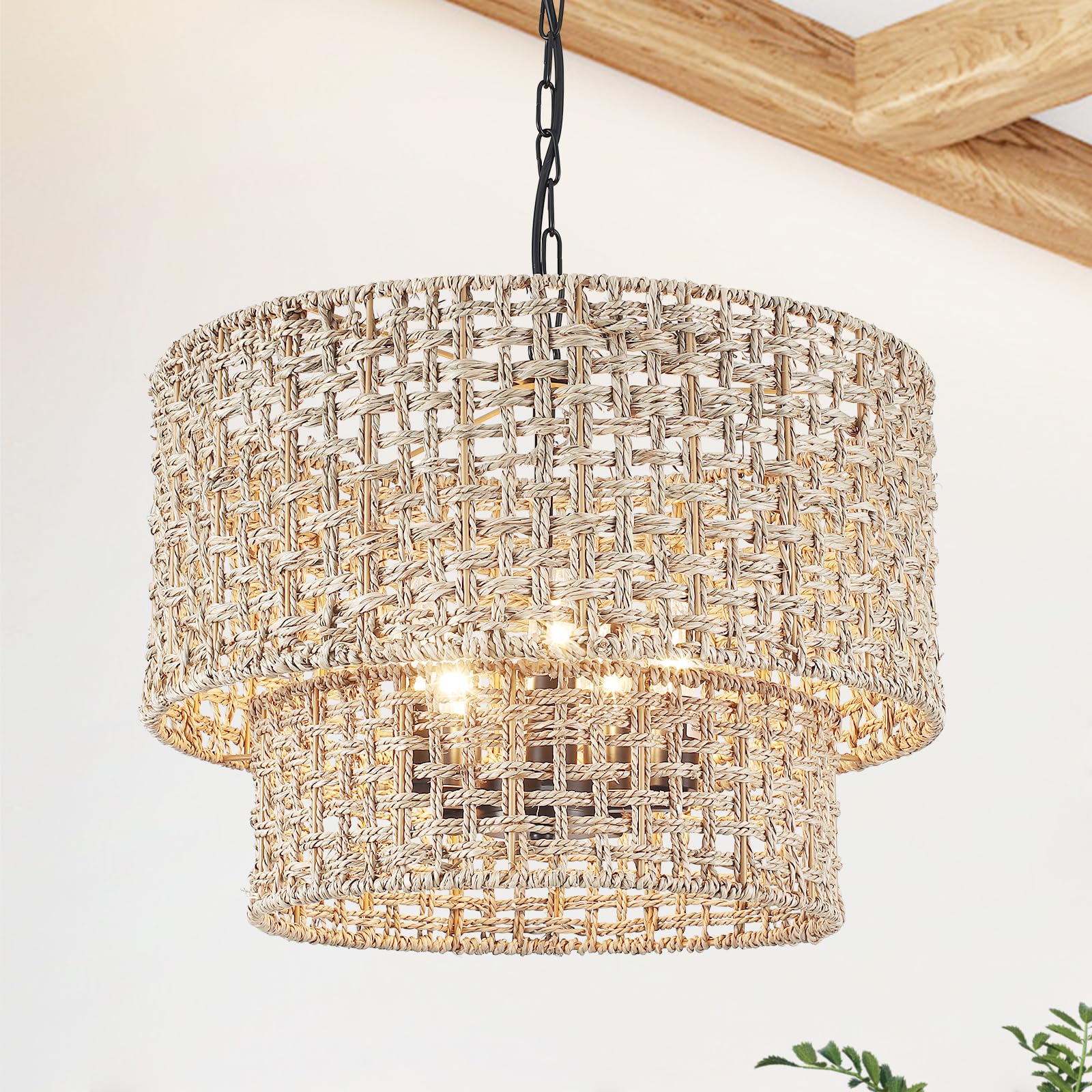 2 Tier Rattan Farmhouse Chandelier 5-Light Large Boho Wicker Pendant Light Fixtures Hanging Coastal Drum Lighting Hand Woven Cha