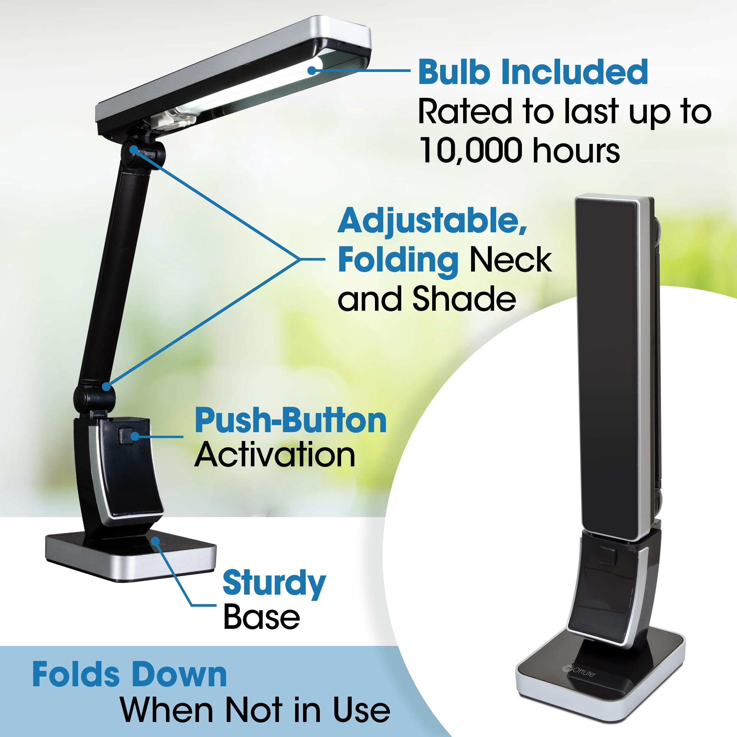OttLite 13W Slimline Desk Lamp - Black Plastic, Model 383G53 for Home, Office, Bedroom, or Reading