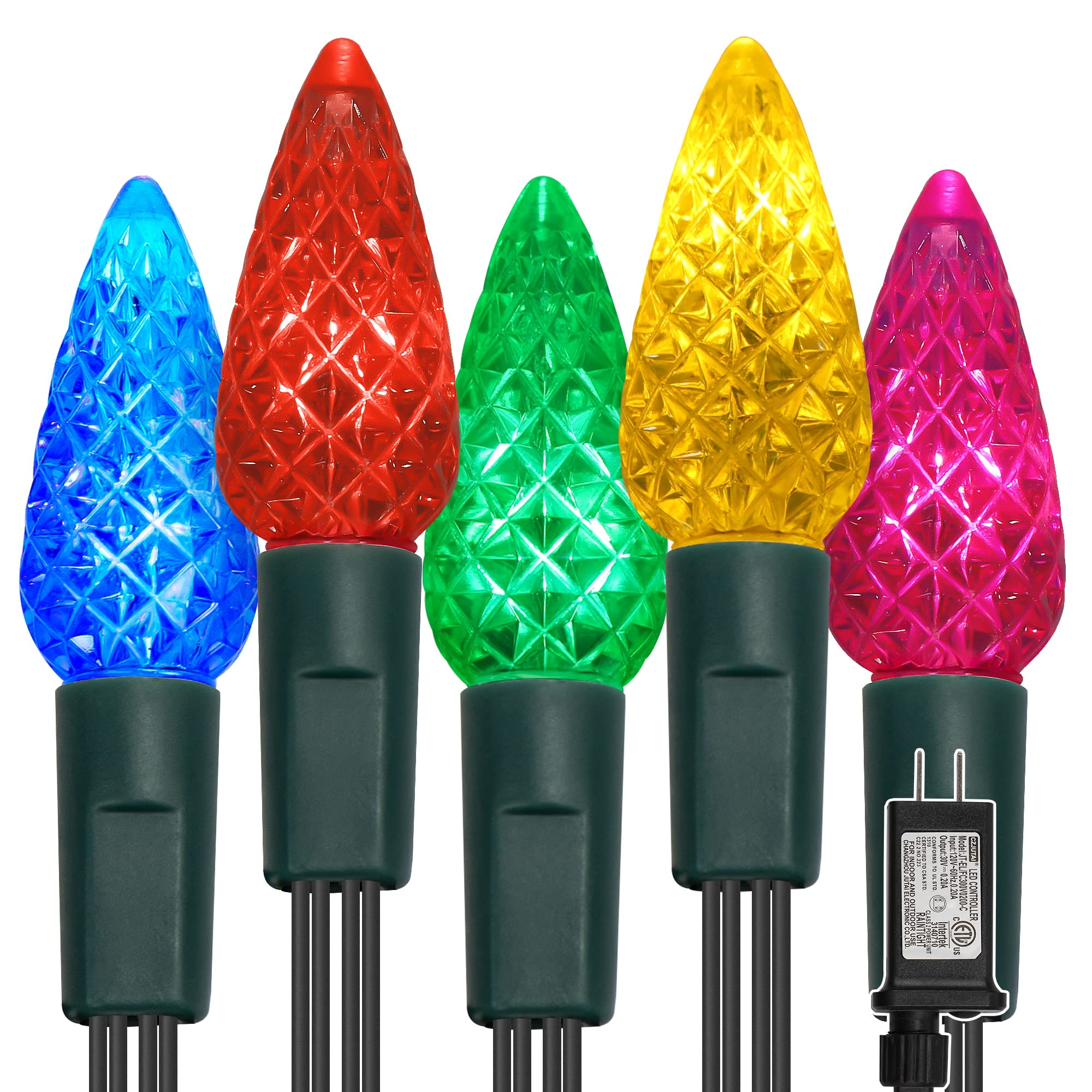 WATERGLIDE C6 Christmas Lights, 33ft 100 LED Faceted String Lights Green Wire Fairy Lights with 29V Safe Adaptor, 8 Lighting Mod