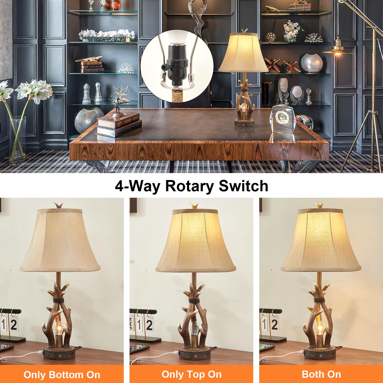 Dungoo Antler Rustic Table Lamp Set of 2 with USB & Type-C Port, Rustic Bedside Lamp with Touch Control 3-Way Dimmable Nightligh