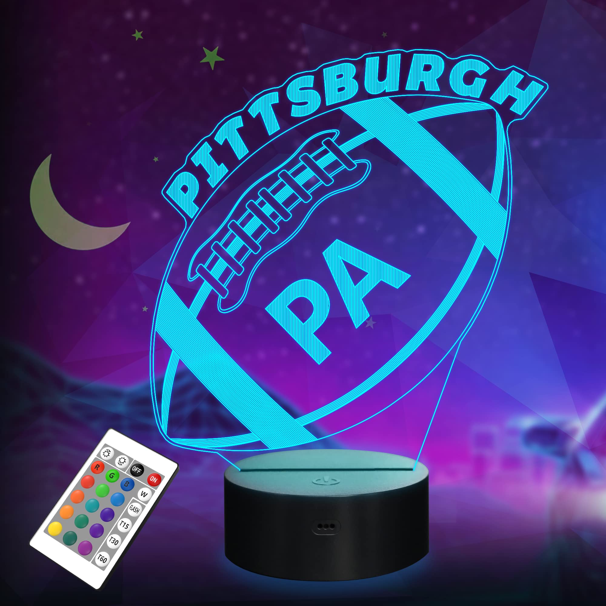 3D Football Pittsburgh Night Light, Football Gifts, 3D Illusion Light Boy Gift 16 Colors Changing Remote Control Children's Room