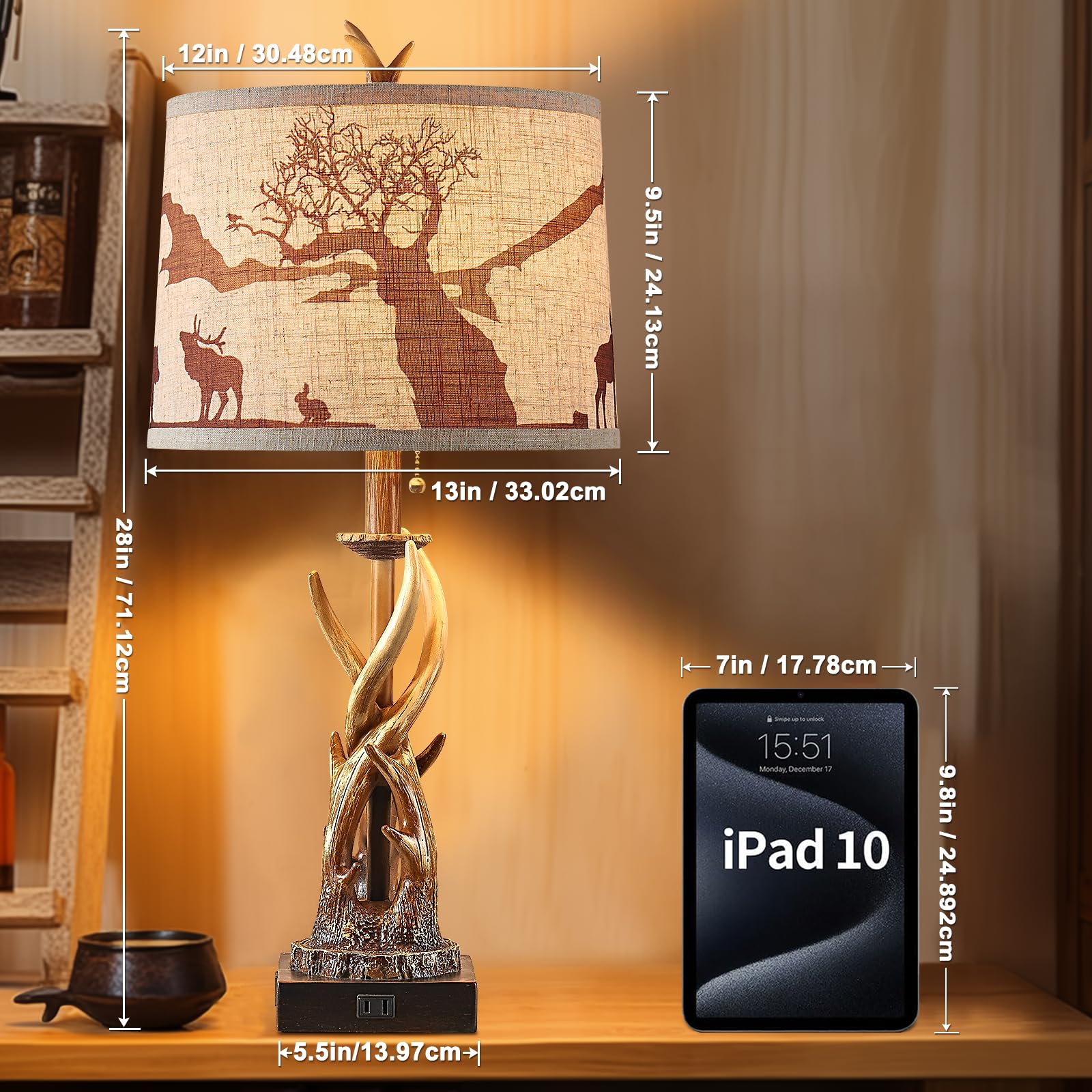 Bowobo Antler Table Lamps Set Of 2 For Bedroom, Farmhouse Rustic Antler Deer Bedside Lamps With Usb A+C Ports For Living Room En