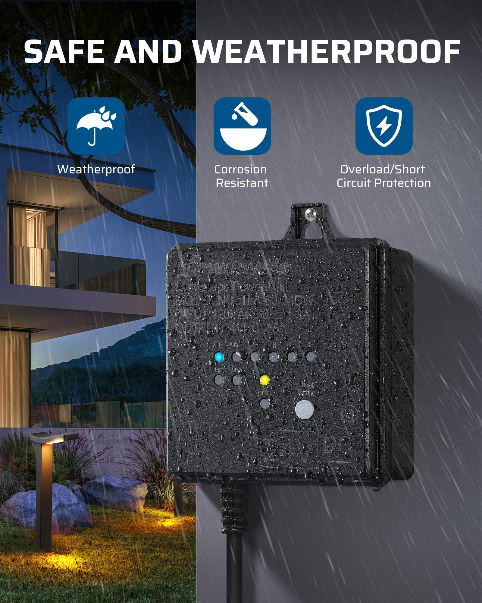 DEWENWILS 60W Low Voltage Landscape Transformer, 120V AC to 24V DC, Timer & Photocell, Weatherproof, Black, Model HOSL02C
