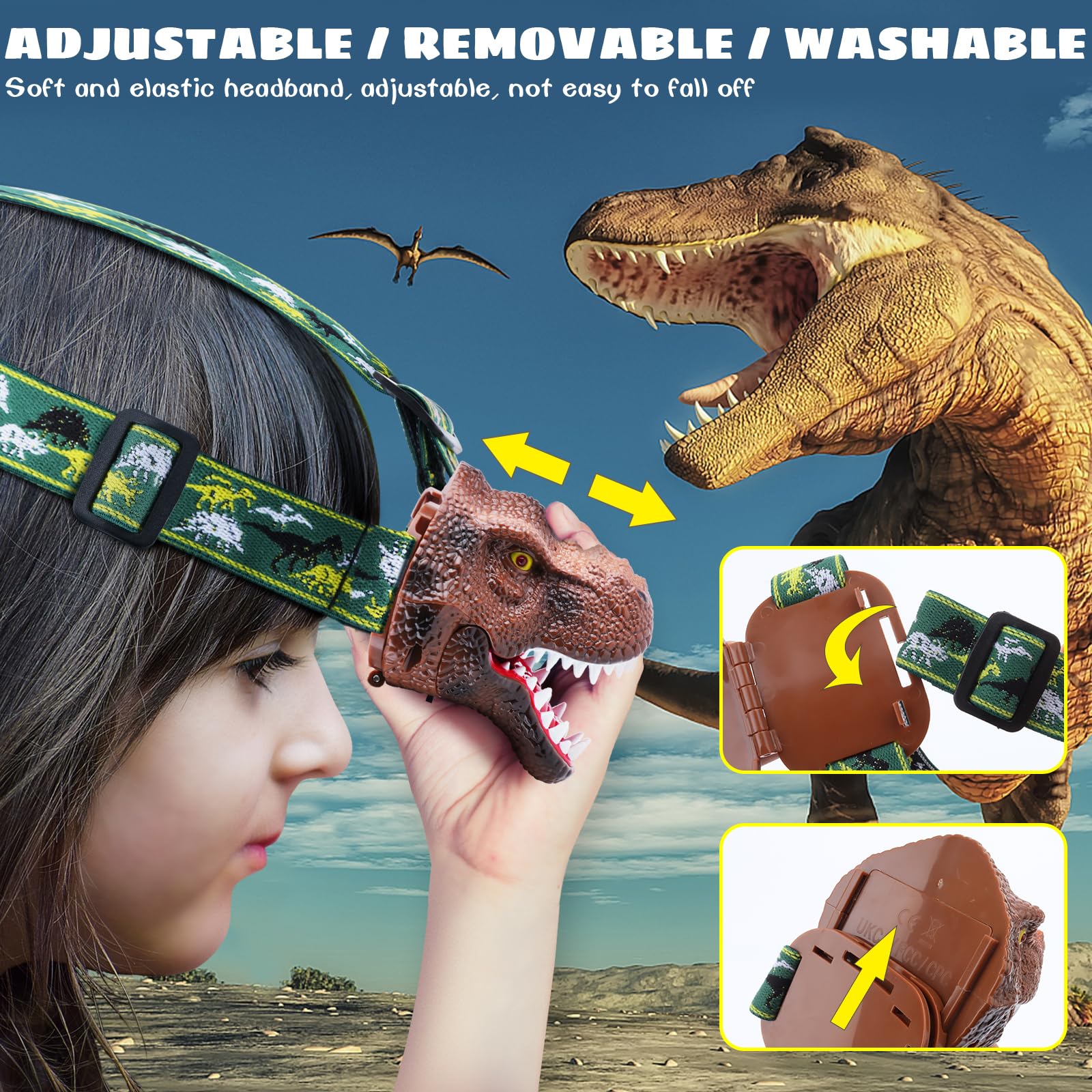 Dysaim Kids Headlamp,Dinosaur Headlamp For Kid Led Head Lamp Camping Gear Flashlight,Hiking Accessories Headlight,Ideal Gift Toy