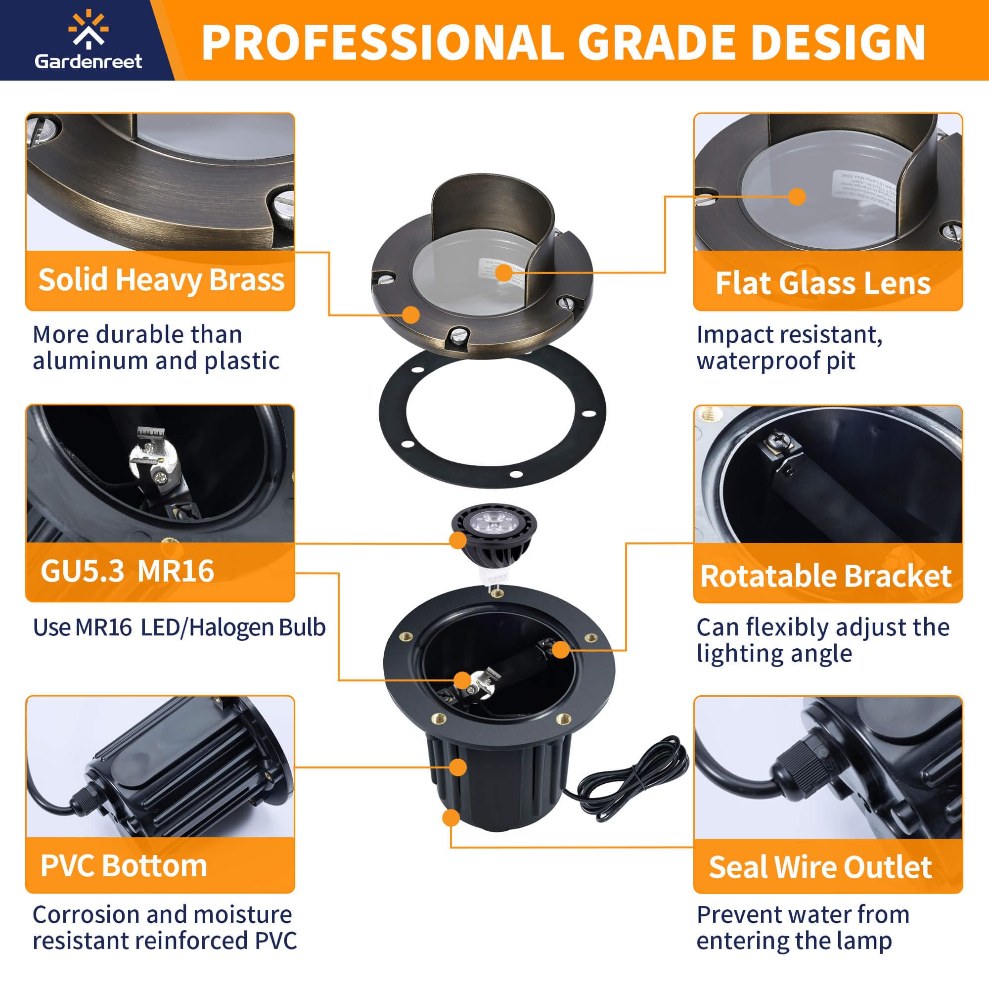 Gardenreet Led Well Lights Low Voltage - Brass In-Ground Ip65 Weatherproof 12V Lighting, Electric Light, Antique Bronze For Gard