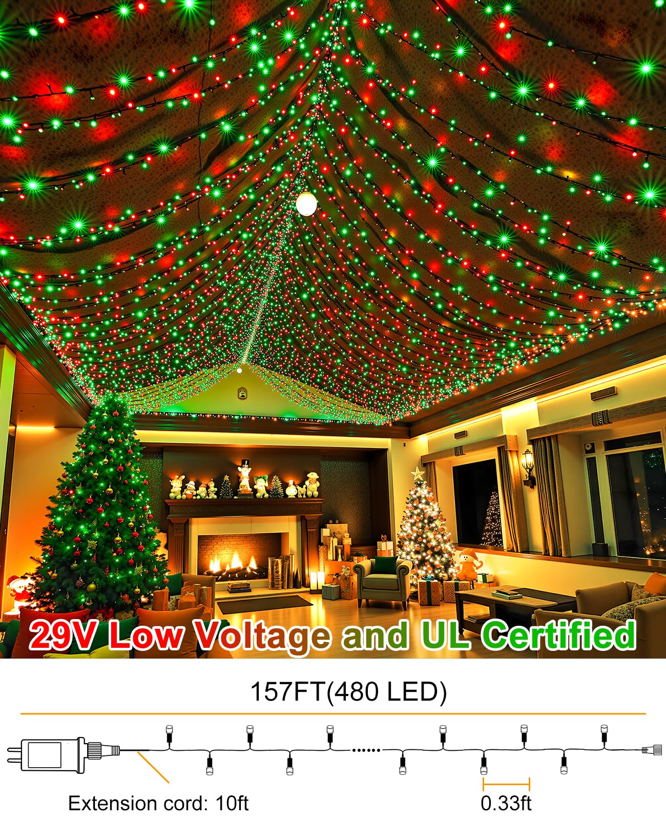 157Ft 480 Led Christmas Lights Outdoor  Plug In Christmas Tree Lights Waterproof  8 Modes Green Wire Twinkle String Light For Indoor Room House Patio Tree Holiday Decorations  Red Green