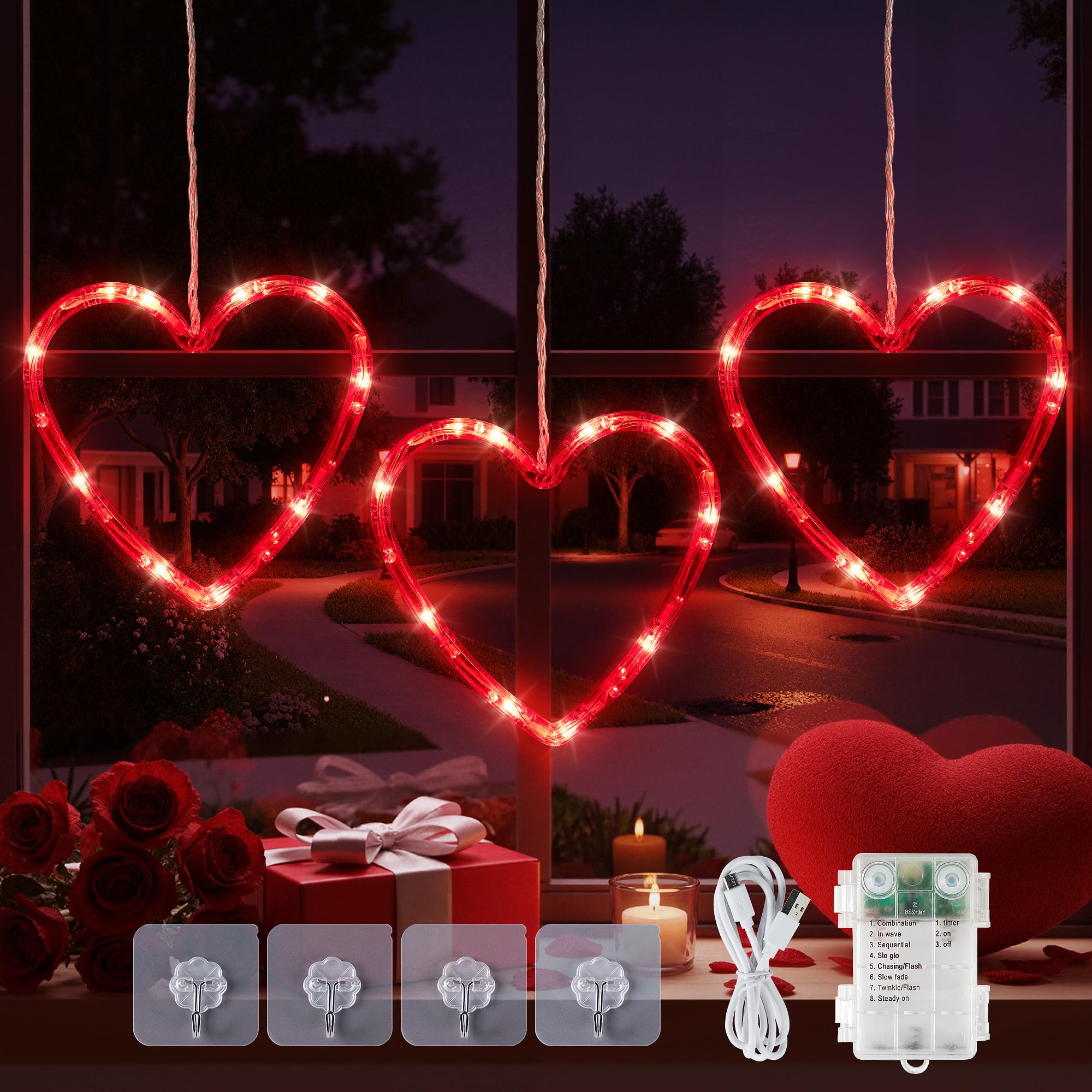 woohaha Valentines Day Window Lights,3 30LED Heart Curtain String Lights USB/Battery Operated,Hanging Light for Indoor Outdoor 