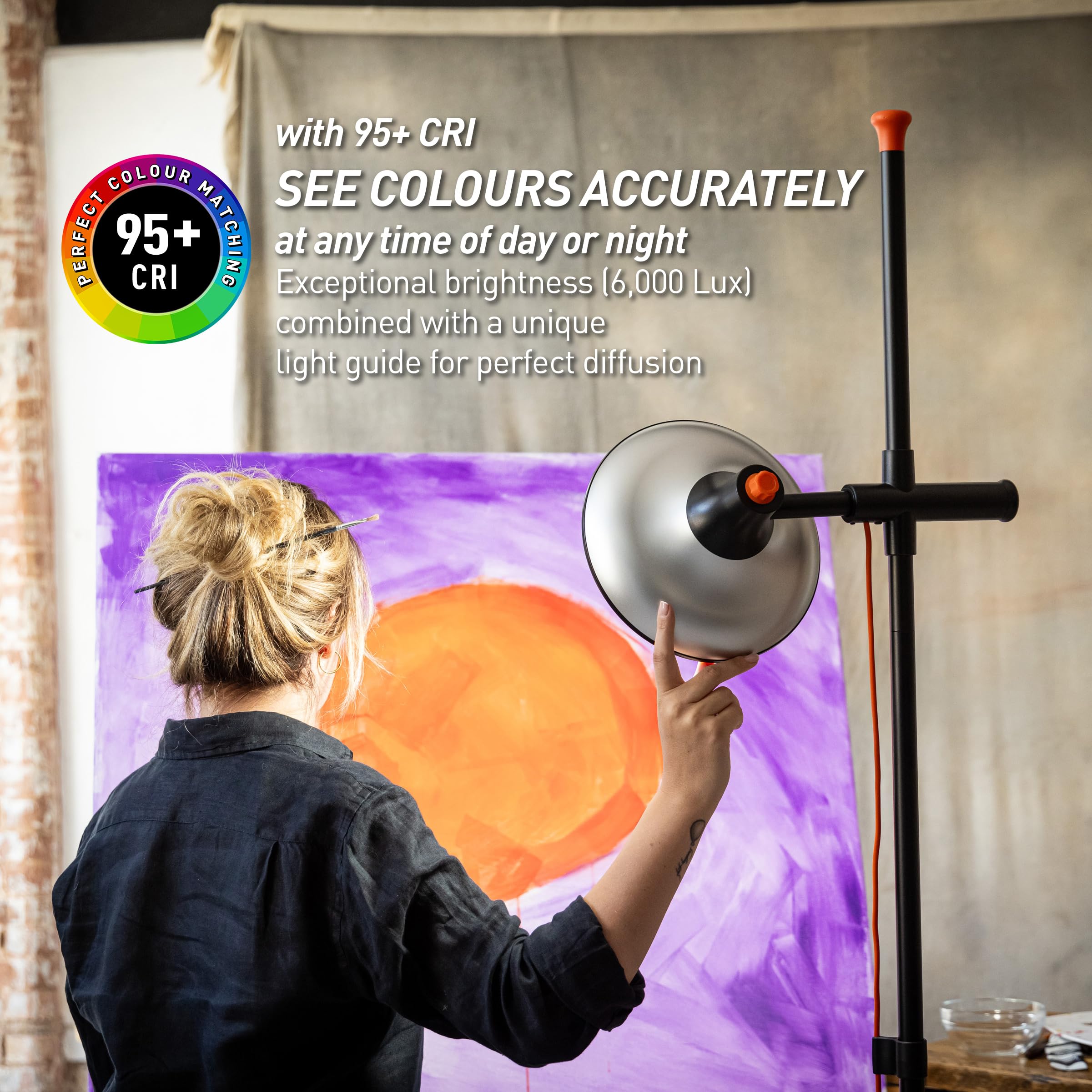 daylight Artist Studio Lamp - 6000 Lux LED, 95+ CRI, 24cm Wide Shade, Black, Model U31575