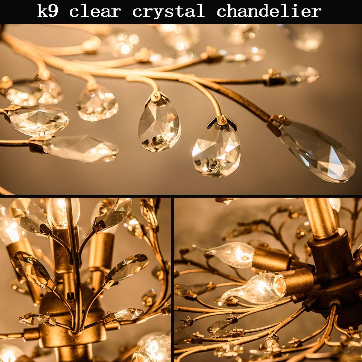 Ganeed K9 Crystal Chandelier - 3-Light Pendant Light, Golden Iron & Crystal, Ideal For Living Room, Bedroom, Restaurant, Hallway
