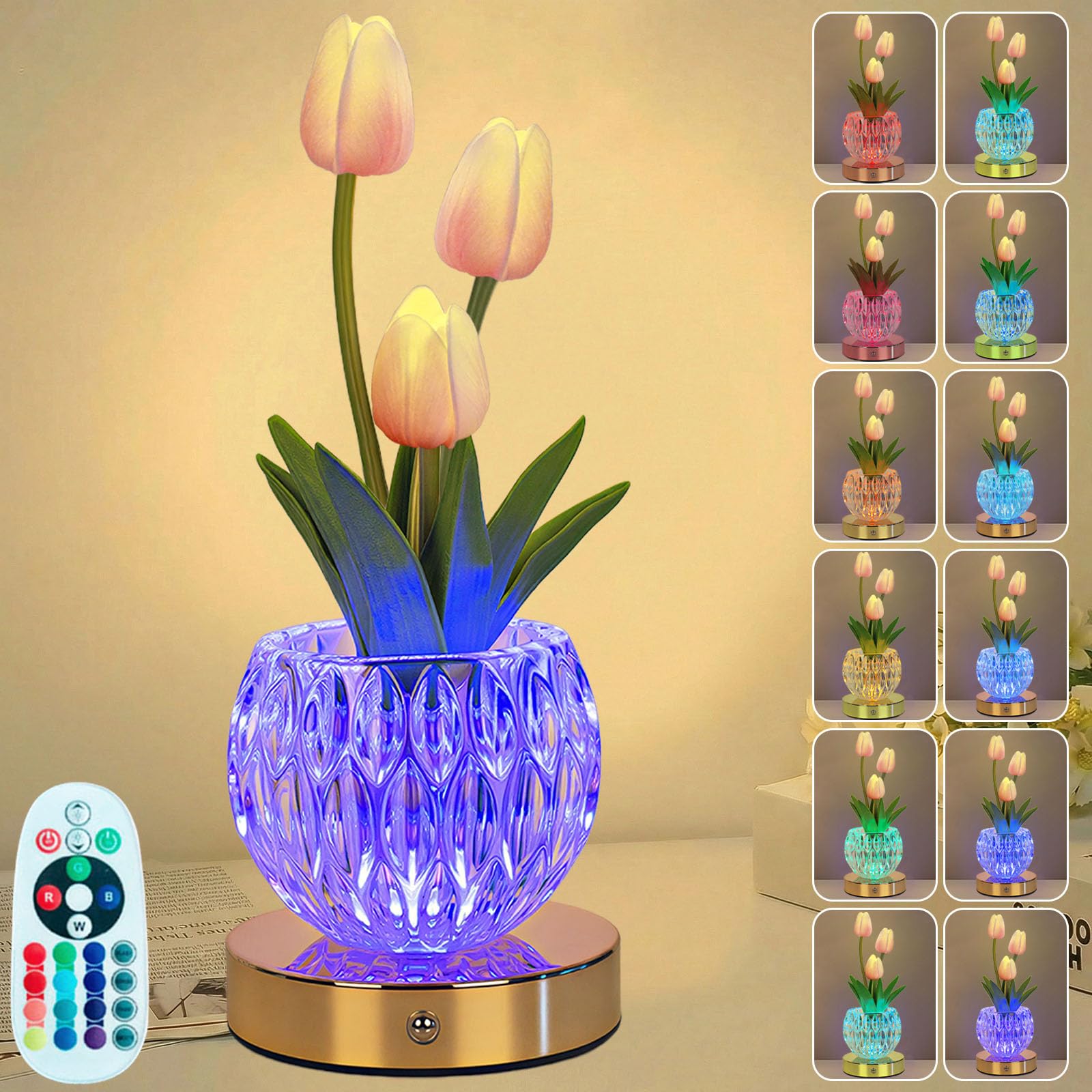 Strackvial Tulip Table Lamp, 16 Color Changing Glass Night Light with Remote, Touch Dimming Artificial Flower Light, LED Colored