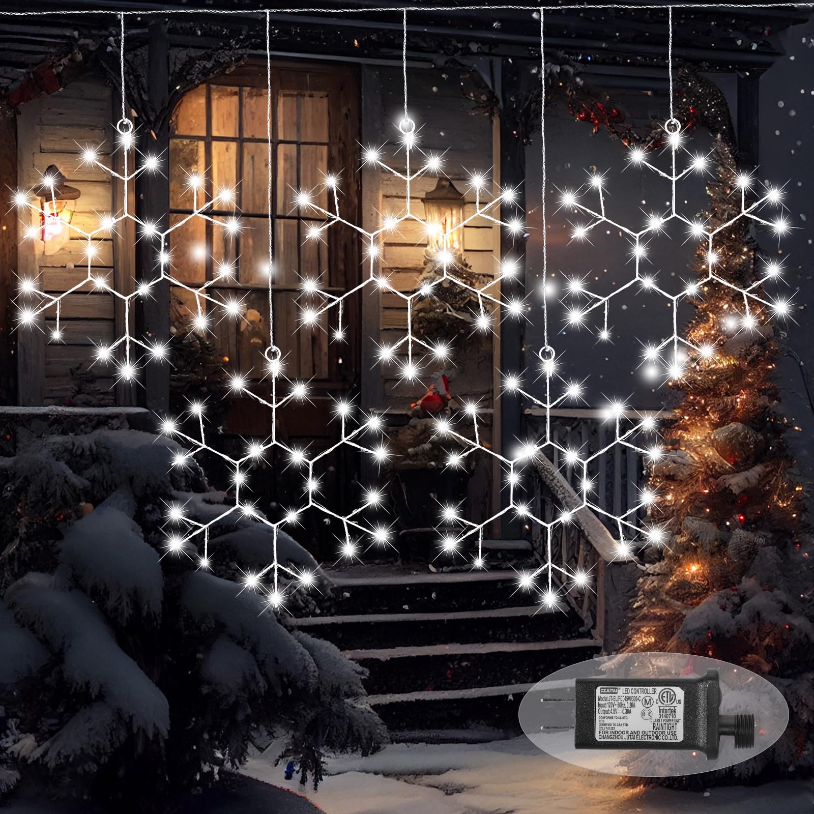 Baquler 5 Pcs Large Snowflake Christmas String Lights 12 Inches LED Snowflake Window Lights with 8 Modes Hanging Snowflake Light
