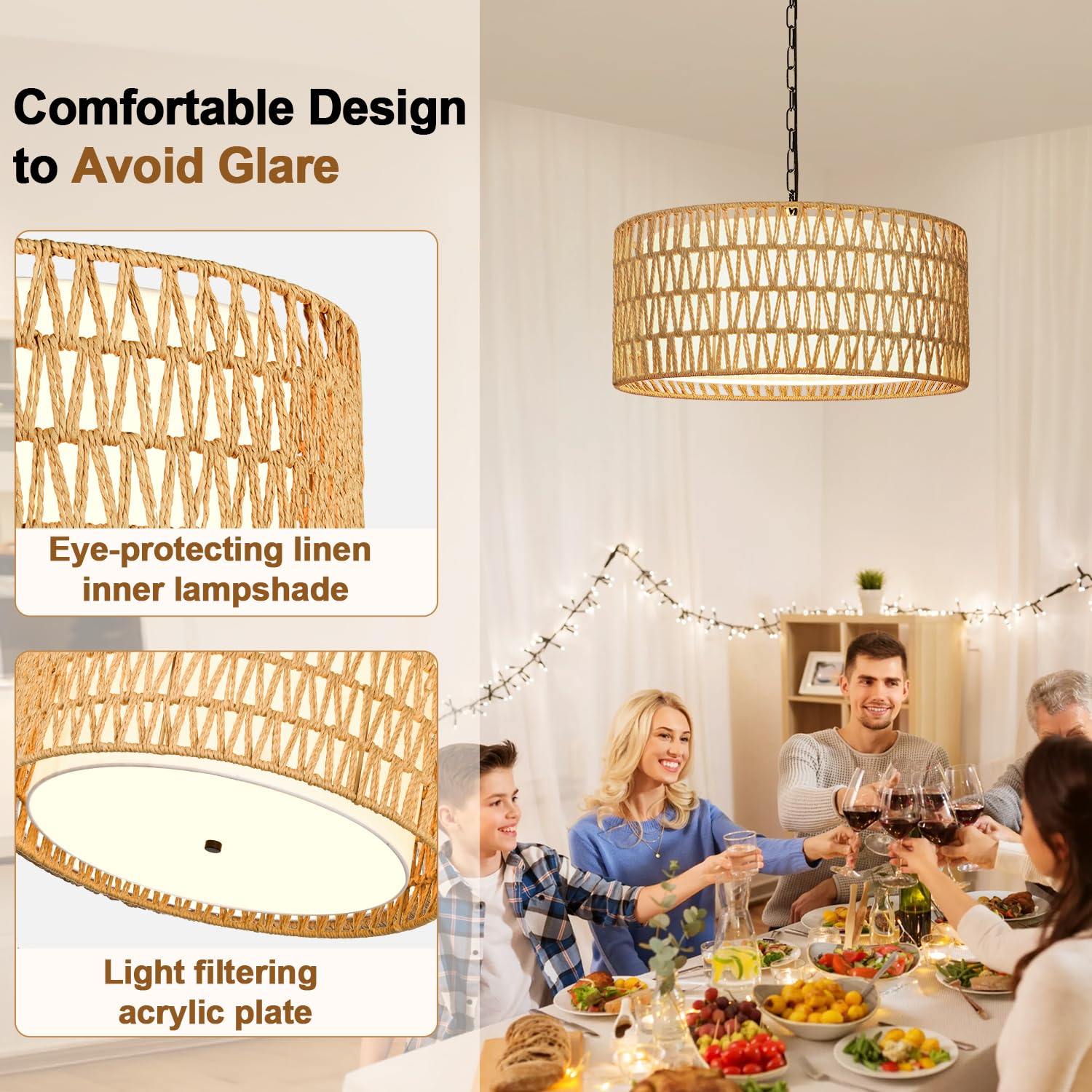 Farmhouse Chandeliers For Dining Room, Hand Woven 5-Light Rattan Pendant Light, Boho Rattan Chandelier With Linen Shade, Rustic