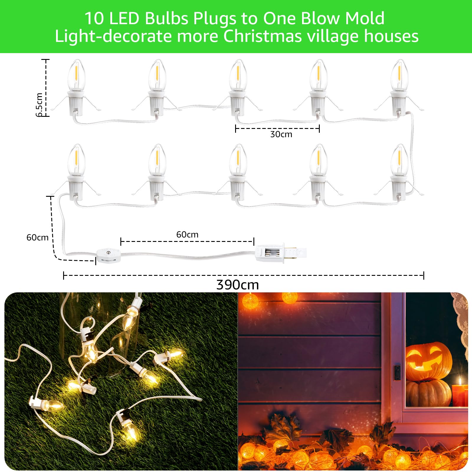 Sousery Christmas Village Lights - 10 LED Warm-White Bulbs, C7 Light Cord for Holiday Decorations, Model DP-3315, White