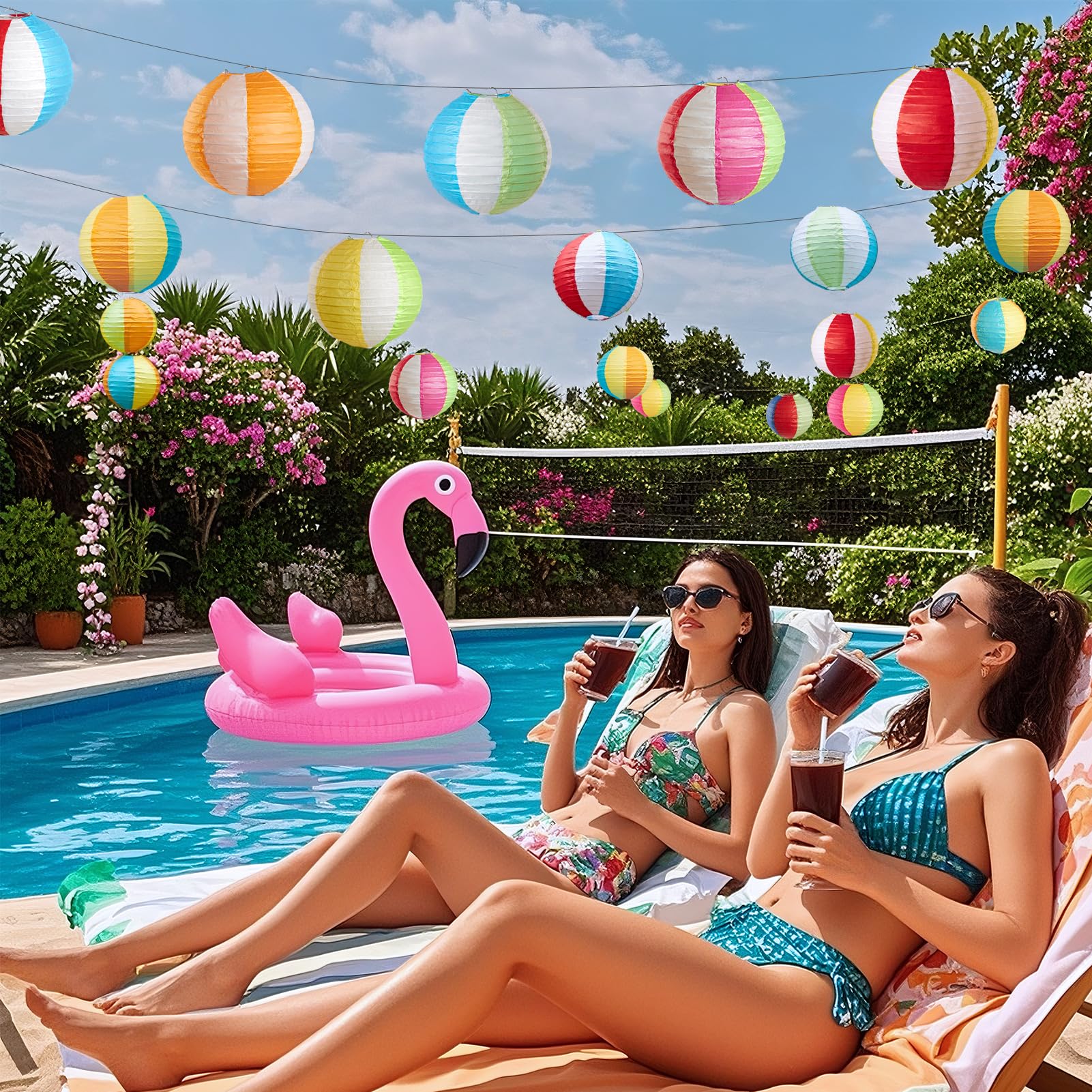 Easy Joy Pool Party Decorations - 16PCS Beach Ball Lanterns, 12 Inch, Colorful Luau Hanging Decor for Home, Office, Birthday, Classroom