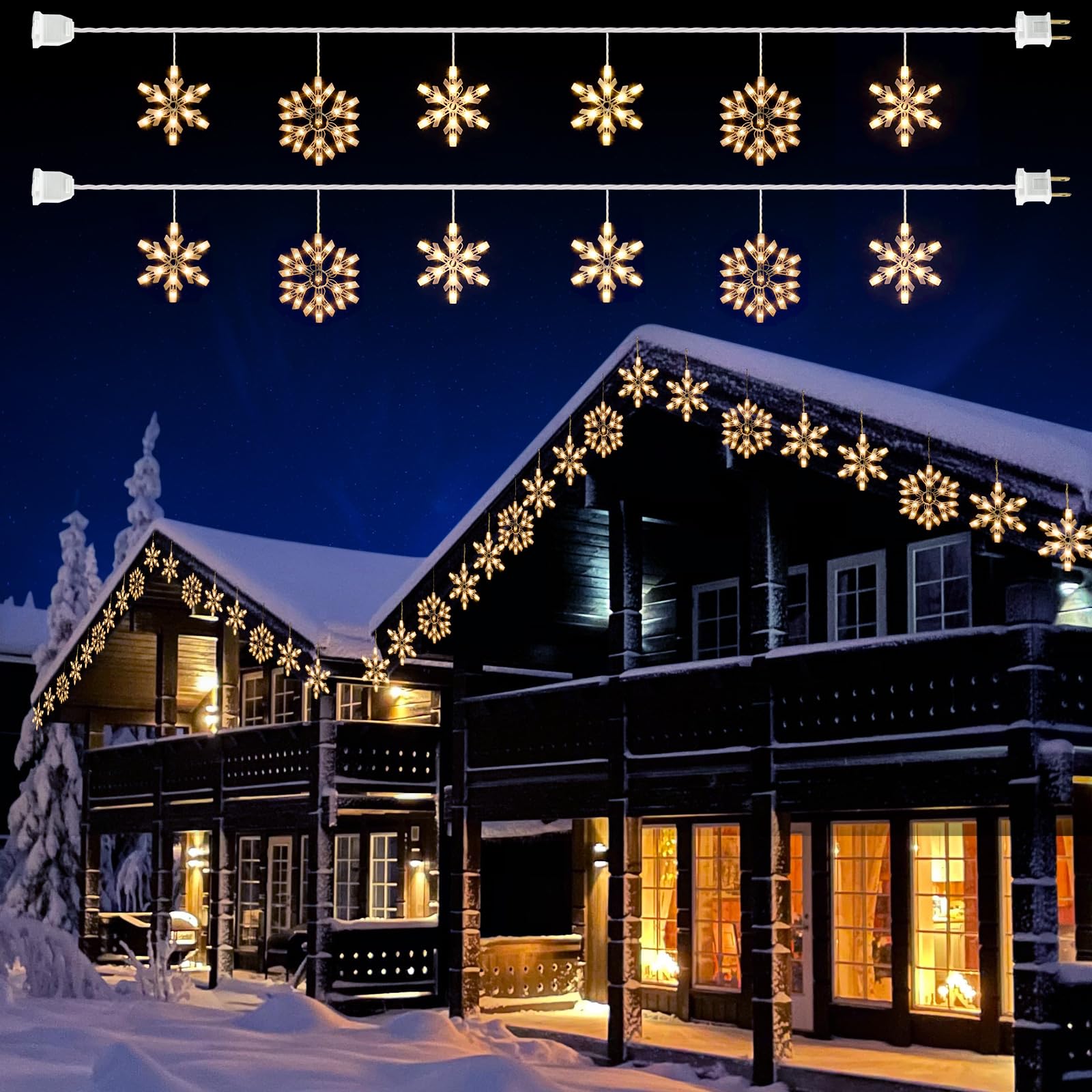 Snowflake Christmas String Lights - 2 Pack 6 Drops 8.8 Ft. 100 Mini Bulb Snowflake Icicle Lights with Hooks Connectable Hanging Lights for Xmas Rooftop Home Indoor Outdoor Party Wedding