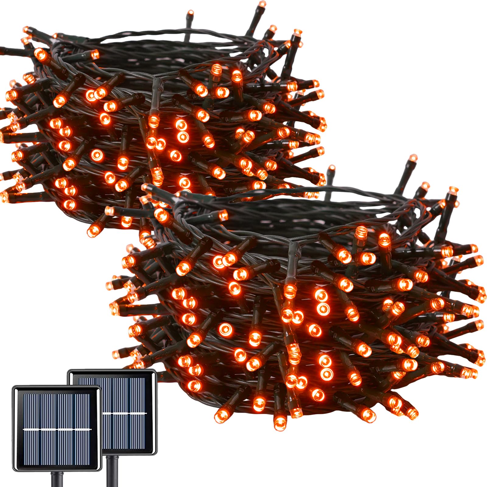 Qitong Orange Solar String Lights For Outside, 2 Pack Each 66Ft 200 Led Halloween Lights Outdoor Waterproof, Green Wire Christma
