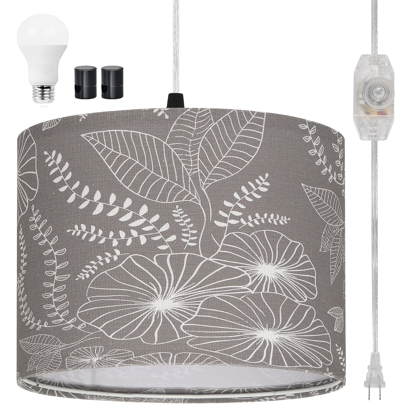 CINSARY Plug in Pendant Light, Hanging Light with Plug in Cord with Dimmable Switch, Hanging Lamp with 15 ft Clear Cord, Grey Pe