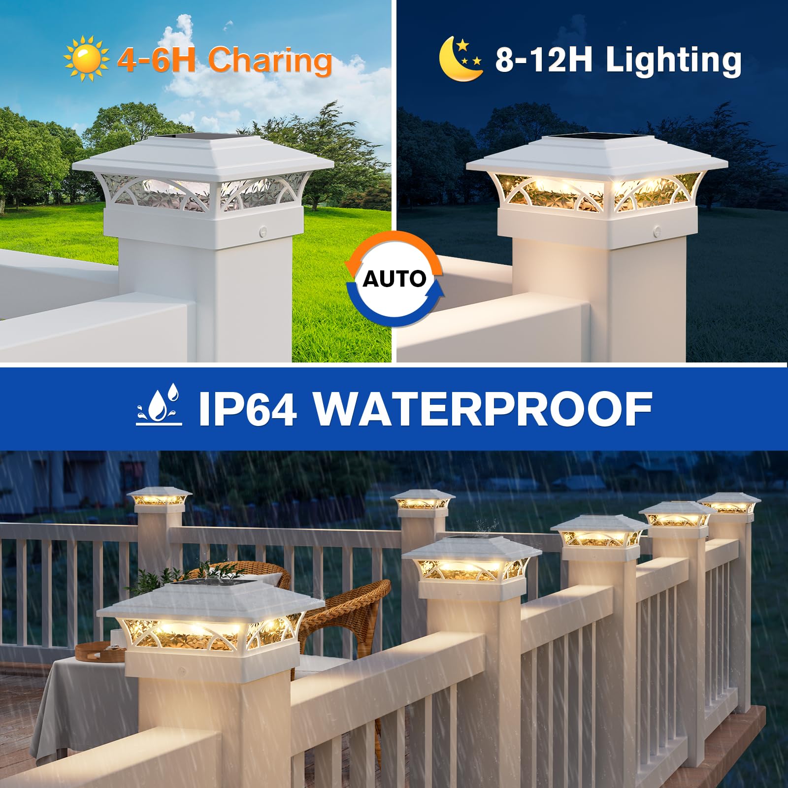 APONUO Solar Post Cap Lights 6 Pack, IP65 Waterproof, Auto On/Off, 2-Mode for 4x4 6x6 Posts, White, Model TZ21