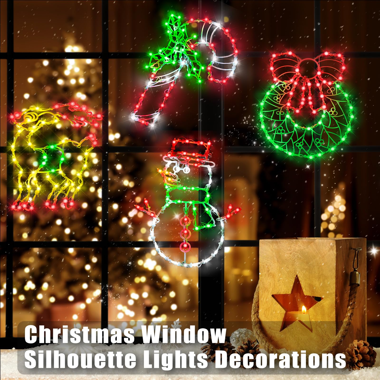 LOCYFENS Christmas Window Lights - 16.5in LED Decorations, 4 Pack (Reindeer, Snowman, Wreath, Candy Cane), Multicolor, Model JYD-GLHX